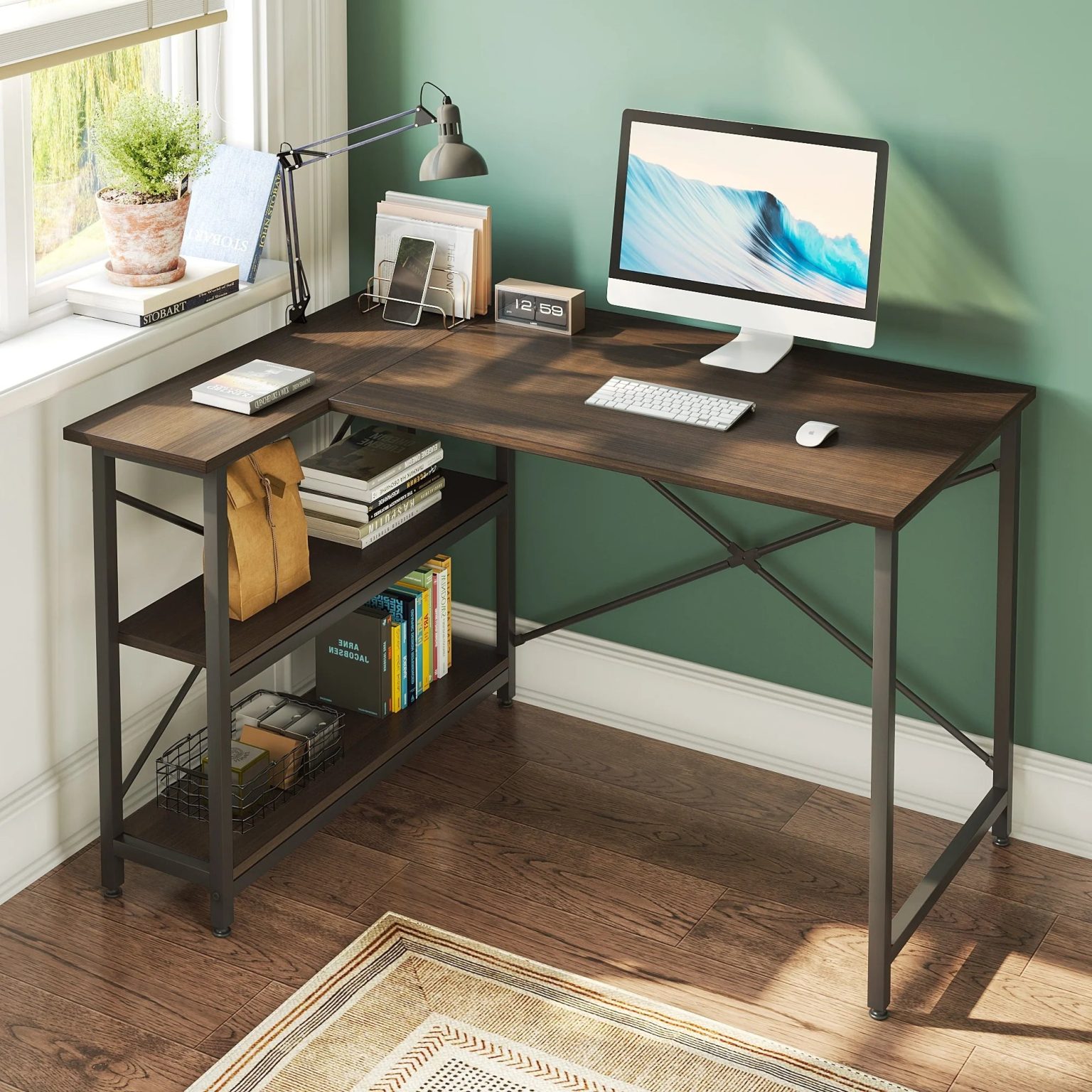 ZenVora Small L Shaped Computer Desk with Storage Shelves, Compact Corner Workstation for Home Office and Study
