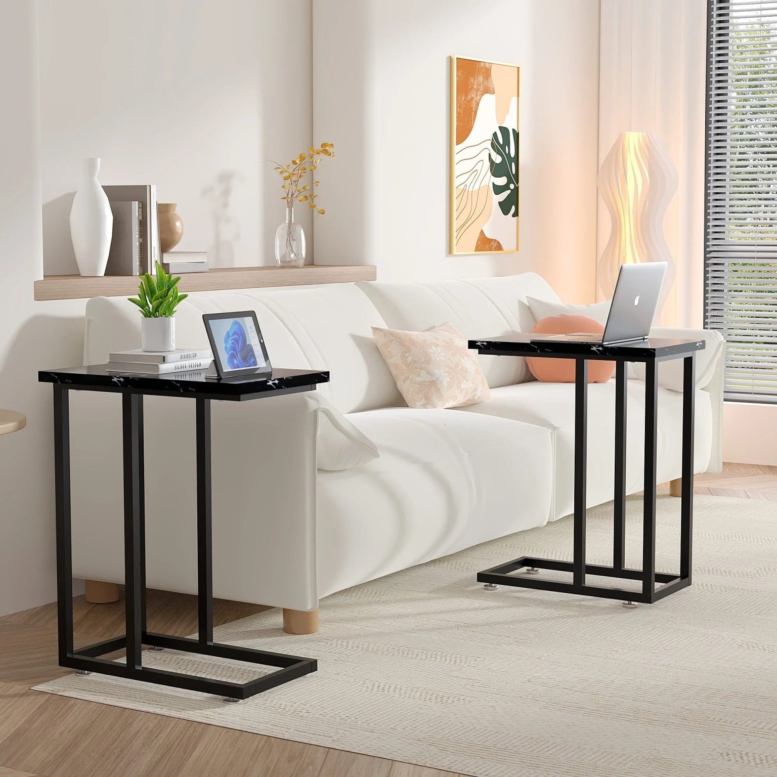 ZenVora Set of 2 C-Shaped Sofa Side Tables, Small End Tables for Living Room, Bedside and TV Tray