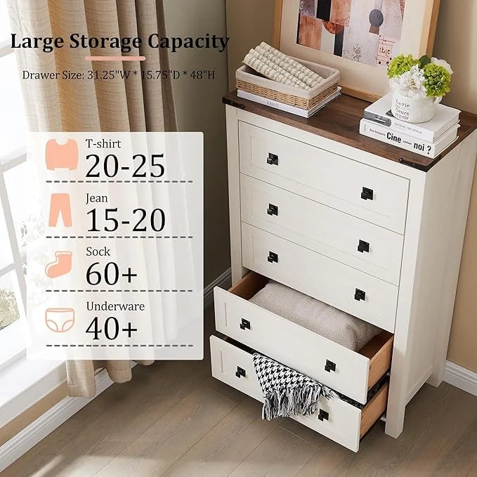 ZenVora 48 Inch Tall Farmhouse Wood Dresser, 5 Drawer Chest of Drawers for Bedroom