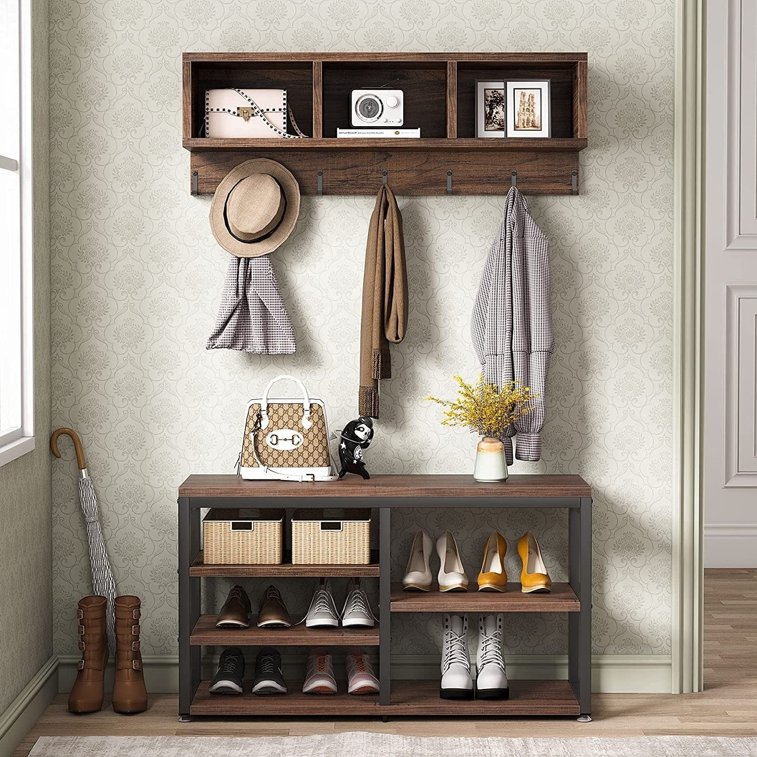 ZenVora Entryway Coat Rack and Shoe Bench Set, Industrial Hall Tree with Coat and Shoe Storage