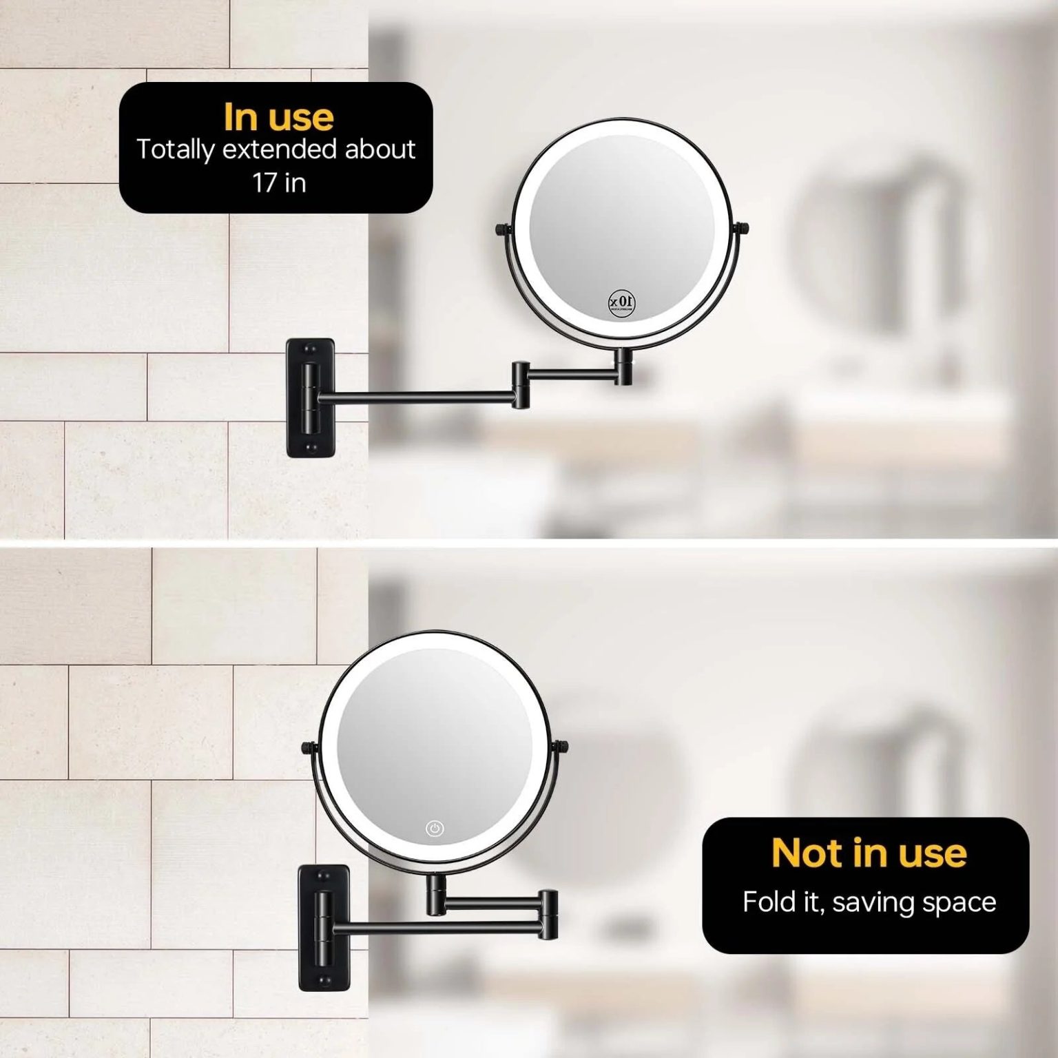ZenVora 8 Inch Round Wall Mounted Makeup Mirror, Rechargeable, 1X/10X Magnification, 3-Color LED Lights