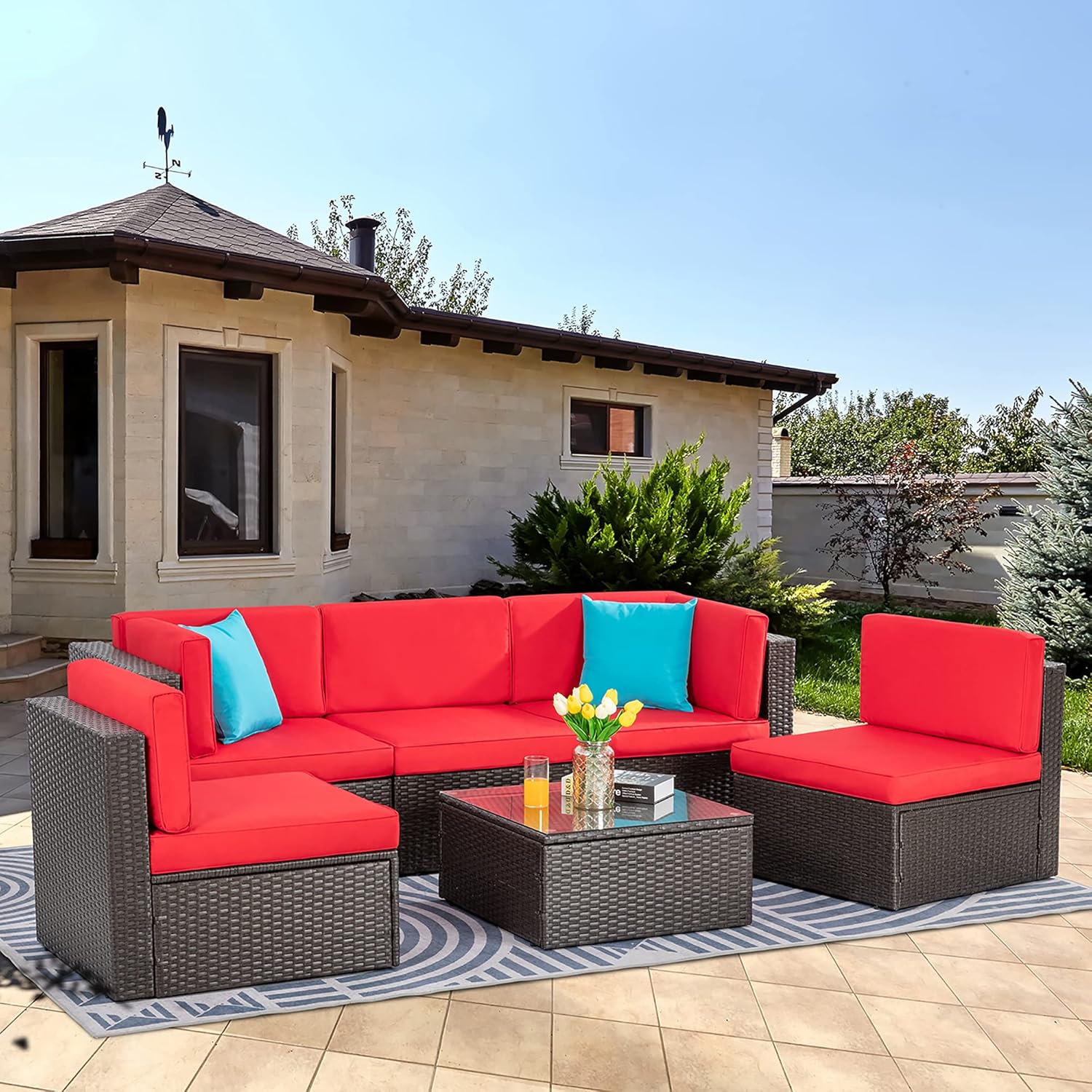 ZenVora 5-Piece All-Weather Patio Furniture Set with Ottoman, Outdoor Wicker Conversation Sofa Set with Cushions for Garden, Deck & Backyard