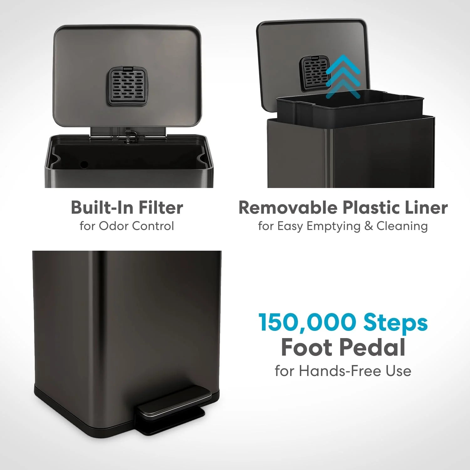 ZenVora 13.2 Gallon Step Trash Can, Hands-Free Kitchen Garbage Bin with Odor Control