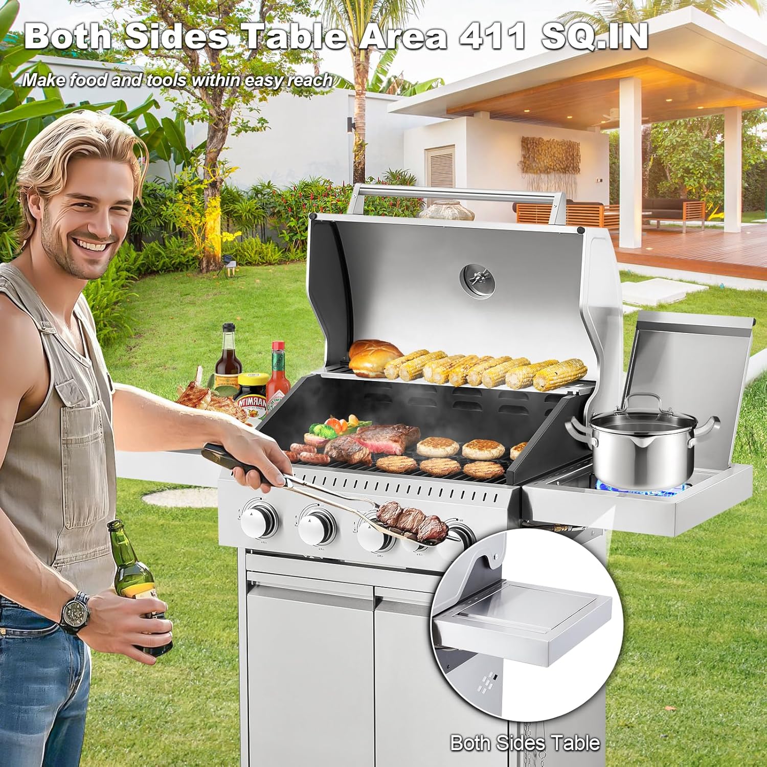 ZenVora 4-Burner Propane Gas Grill with Cast Iron Grates, Side Stove and 44,000 BTU Stainless Steel Burners