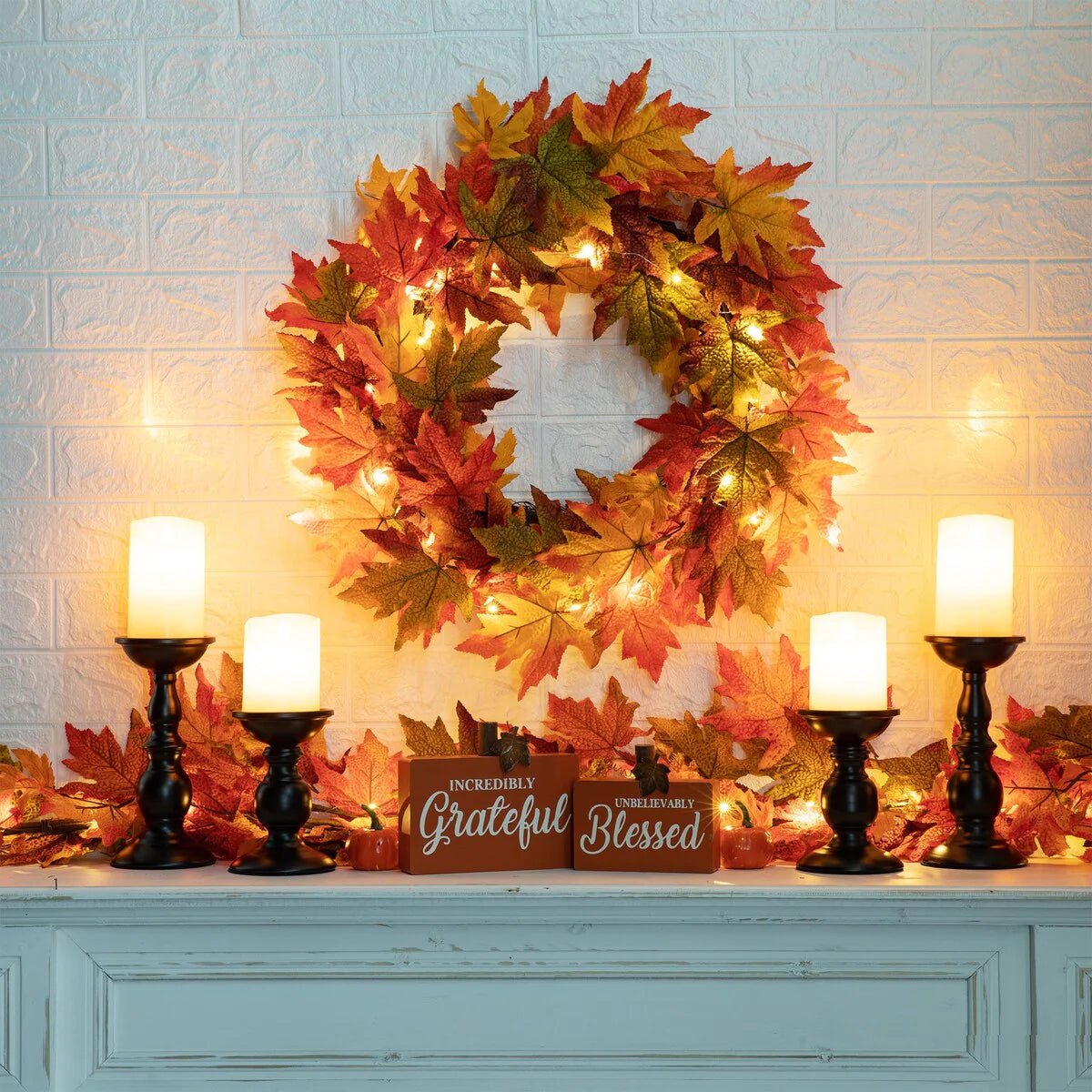 ZenVora Thanksgiving LED Lighted Fall Maple Leaf Wreath and Garland - Autumn Home Decor