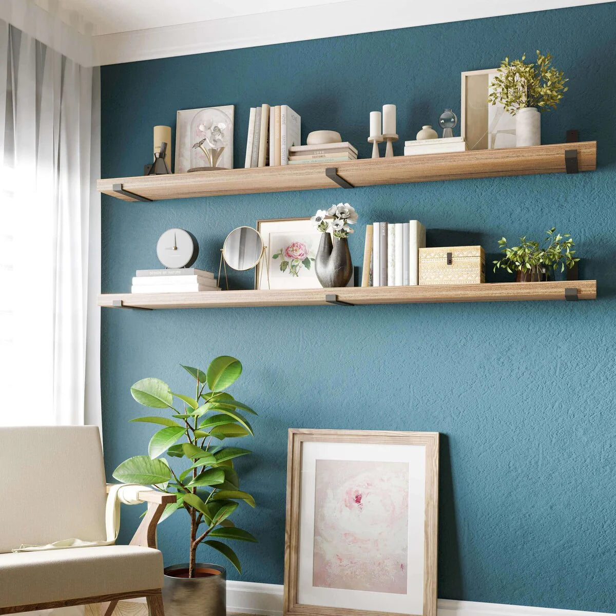 ZenVora 72 Inch Floating Wood Wall Shelves, Set of 2 Burnt Wood Display and Storage Shelves for Home Decor