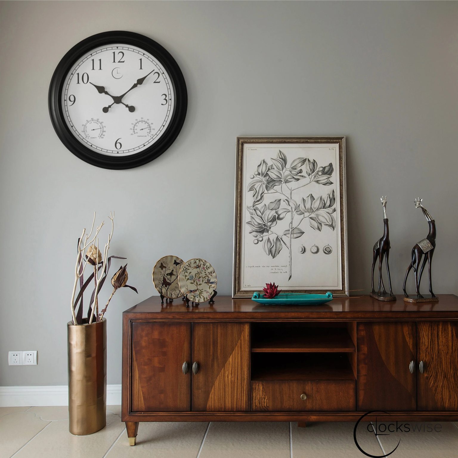 Large Outdoor Wall Clock with Thermometer, Waterproof Silent Garden Weather Station, Black