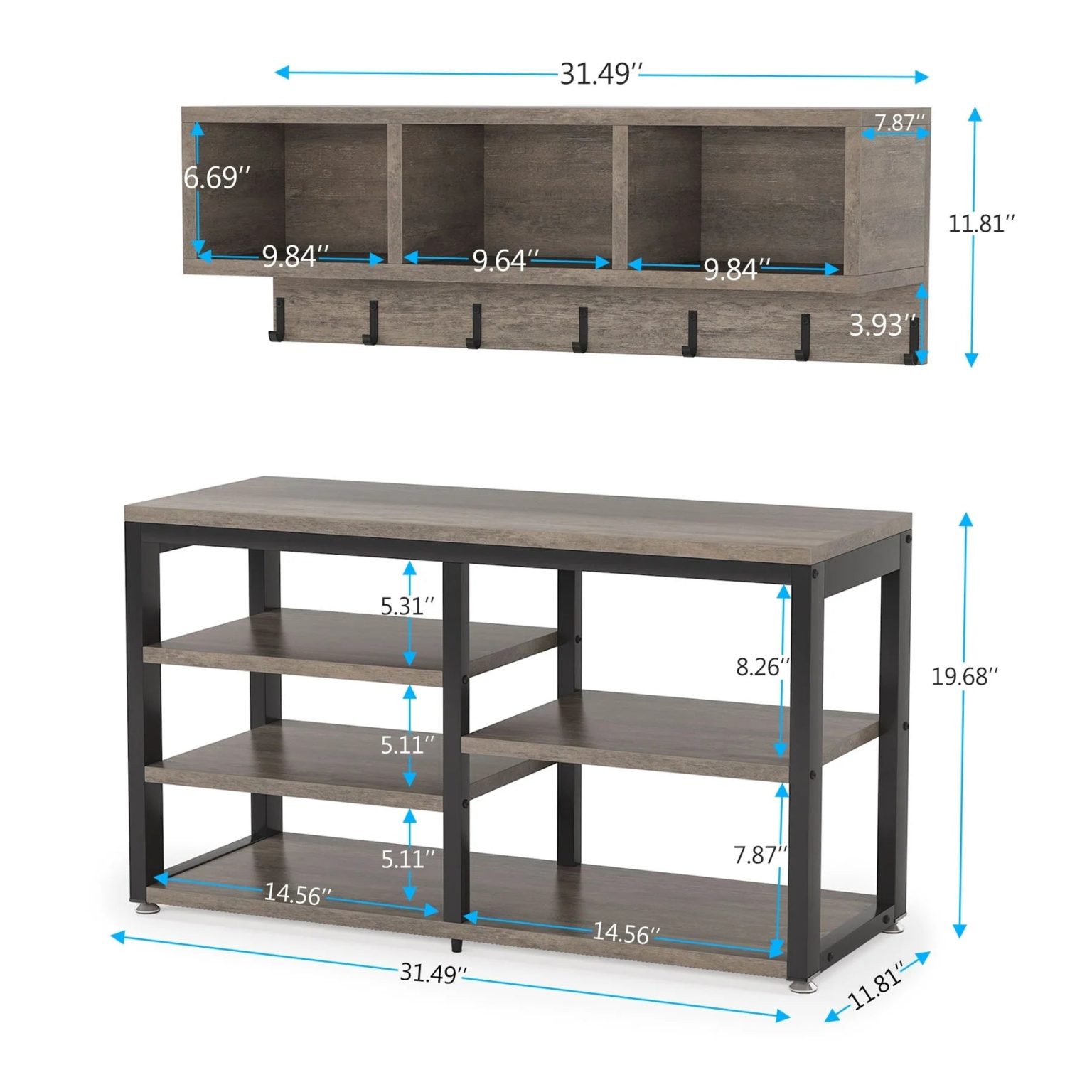 ZenVora Entryway Coat Rack and Shoe Bench Set, Industrial Hall Tree with Coat and Shoe Storage