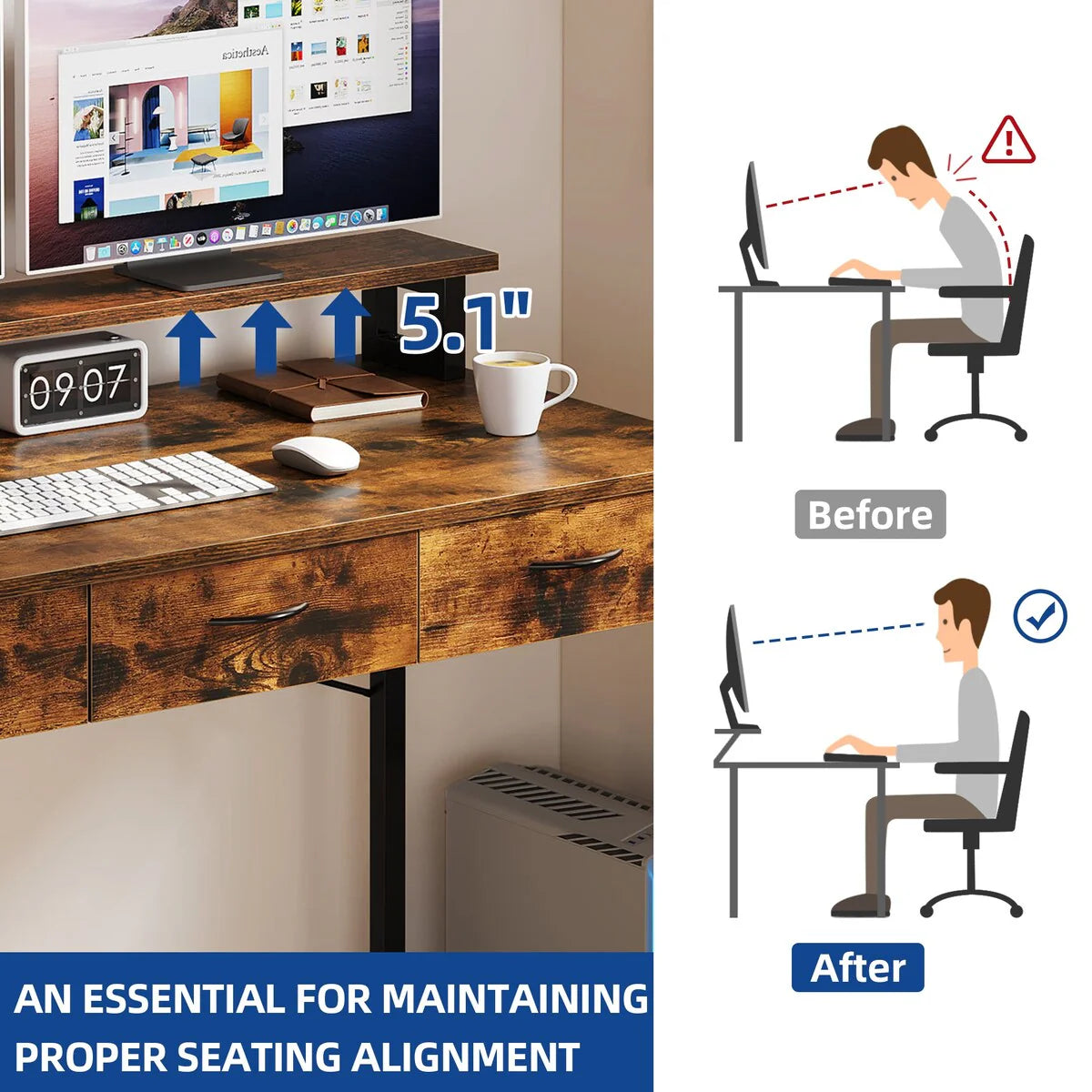 ZenVora Small Computer Desk with Fabric Drawers and Monitor Stand, Compact Home Office Workstation for Small Spaces