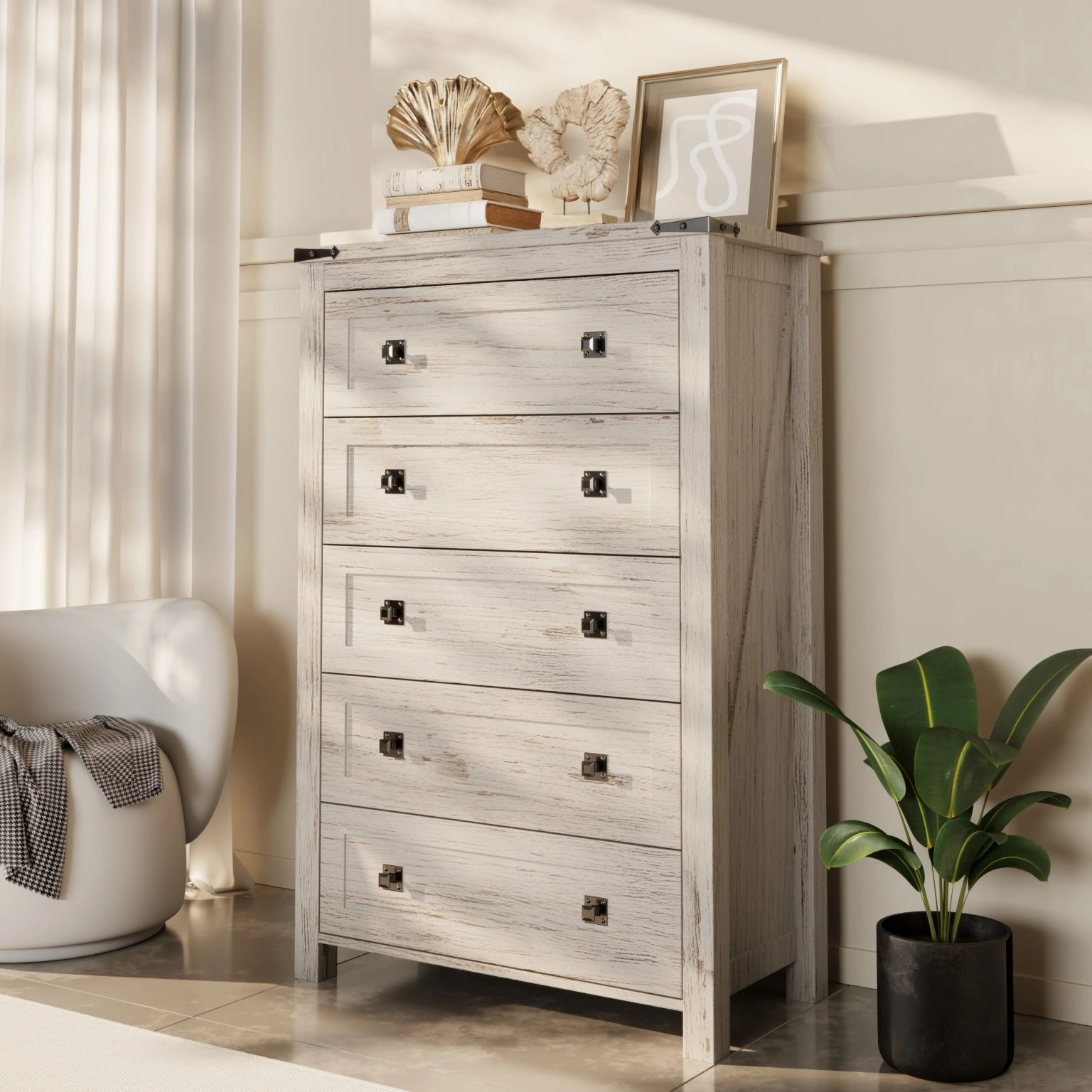 ZenVora 48 Inch Tall Farmhouse Wood Dresser, 5 Drawer Chest of Drawers for Bedroom