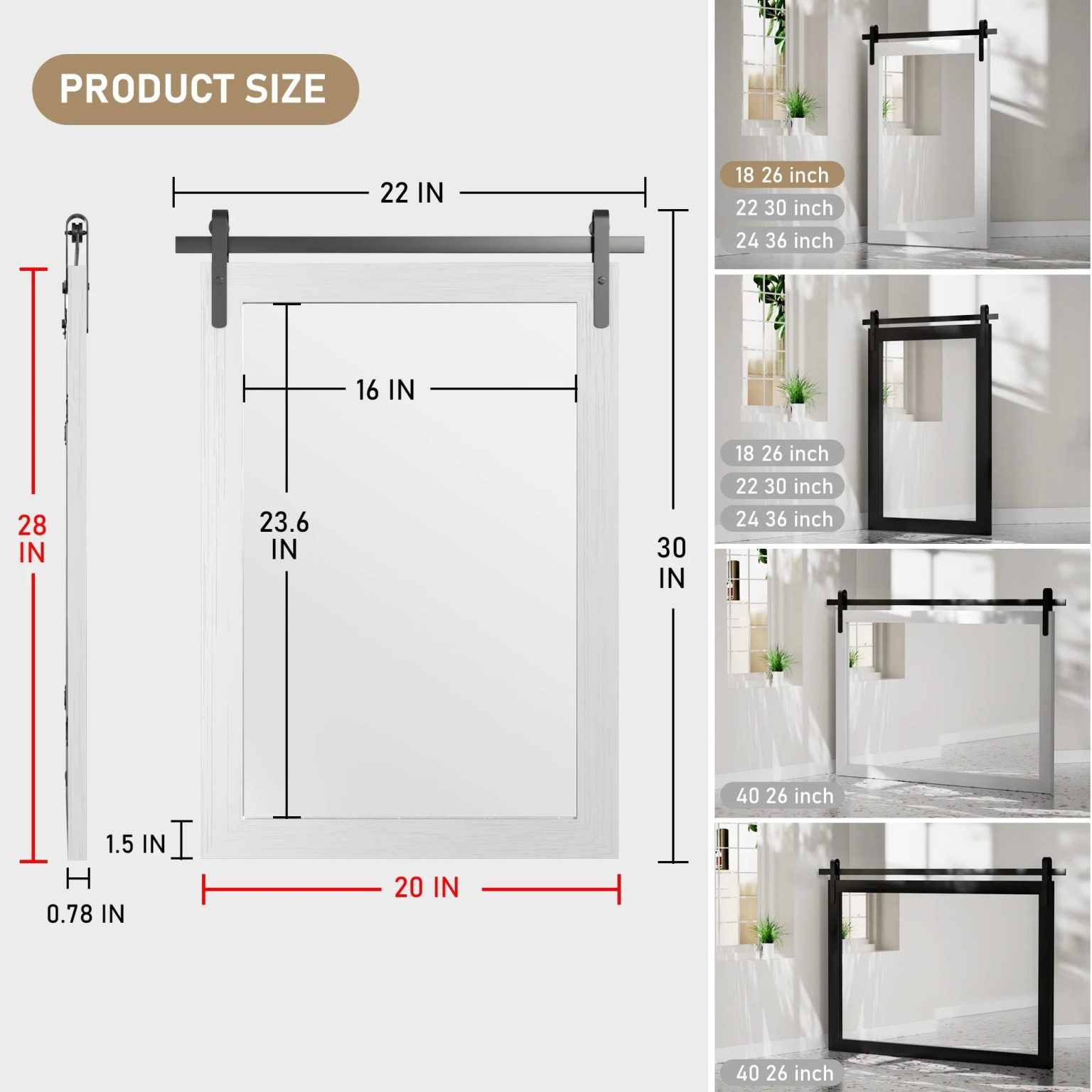 ZenVora Modern Rectangular Wall Mirror with Wood Frame, Bathroom and Barn Door Mirror, Multiple Sizes