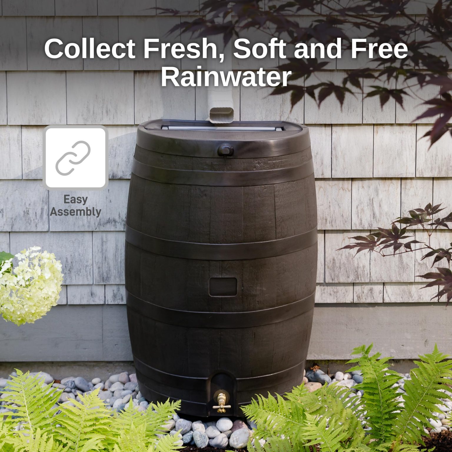 ZenVora 50 Gallon Rain Barrel with Brass Spigot, Large Outdoor Rainwater Collection and Storage Container for Garden