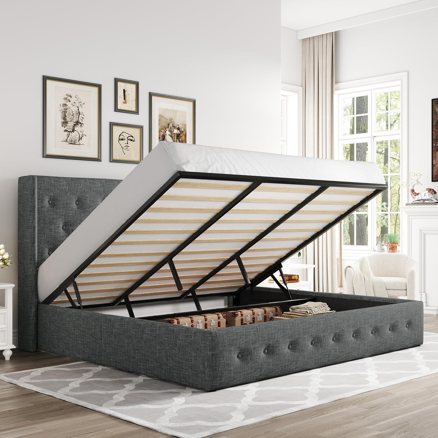 ZenVora Queen Size Lift Up Storage Bed with Wingback Headboard, Upholstered Platform Bed Frame with Hidden Storage