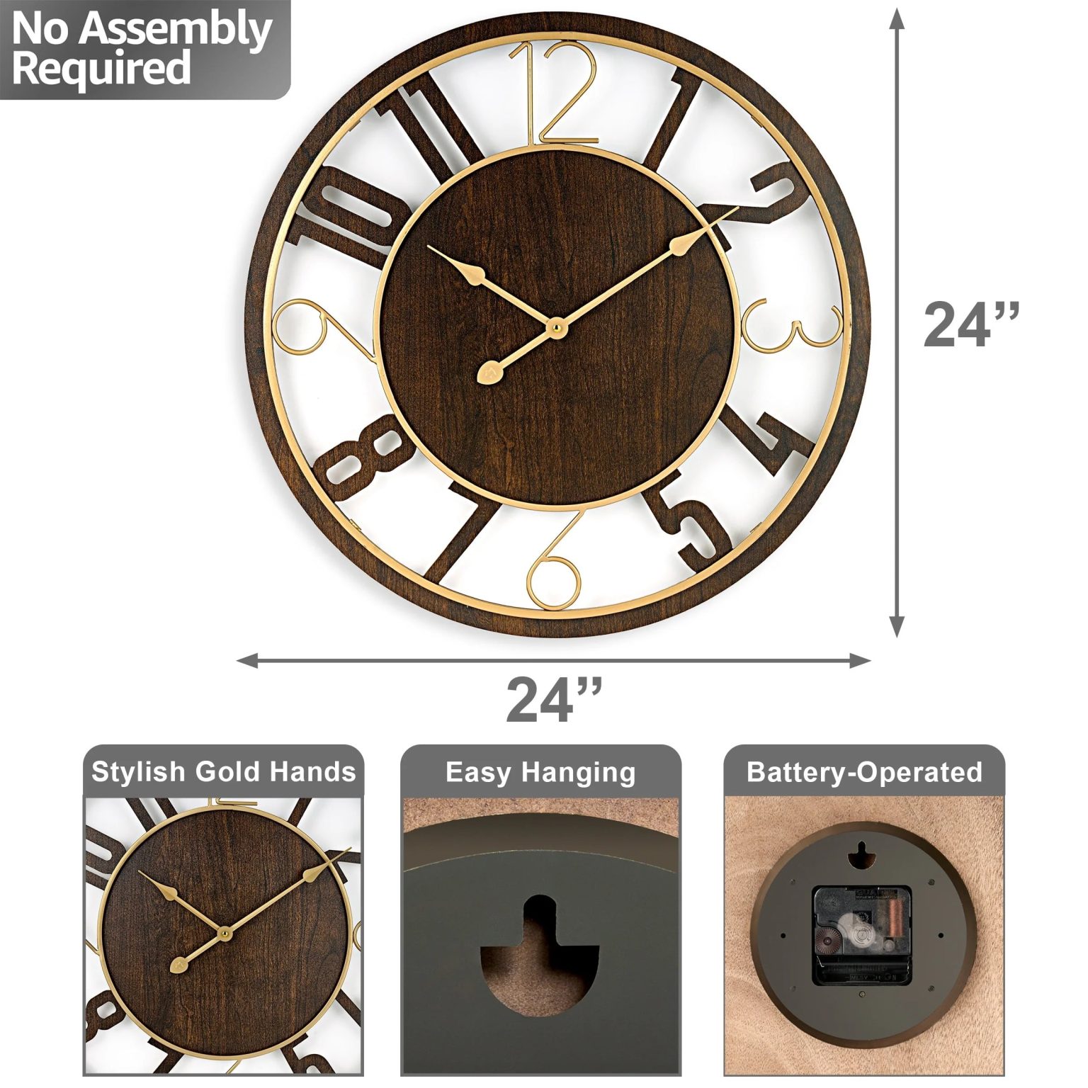 ZenVora 24 Inch Round Wooden Wall Clock, Modern Analog Clock with Numeral Design, Battery Operated