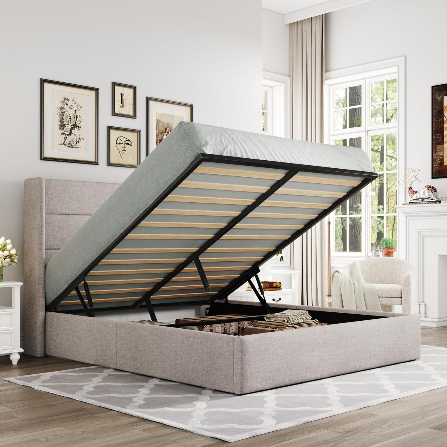 ZenVora Queen Size Lift Up Storage Bed with Wingback Headboard, Upholstered Platform Bed Frame with Hidden Storage
