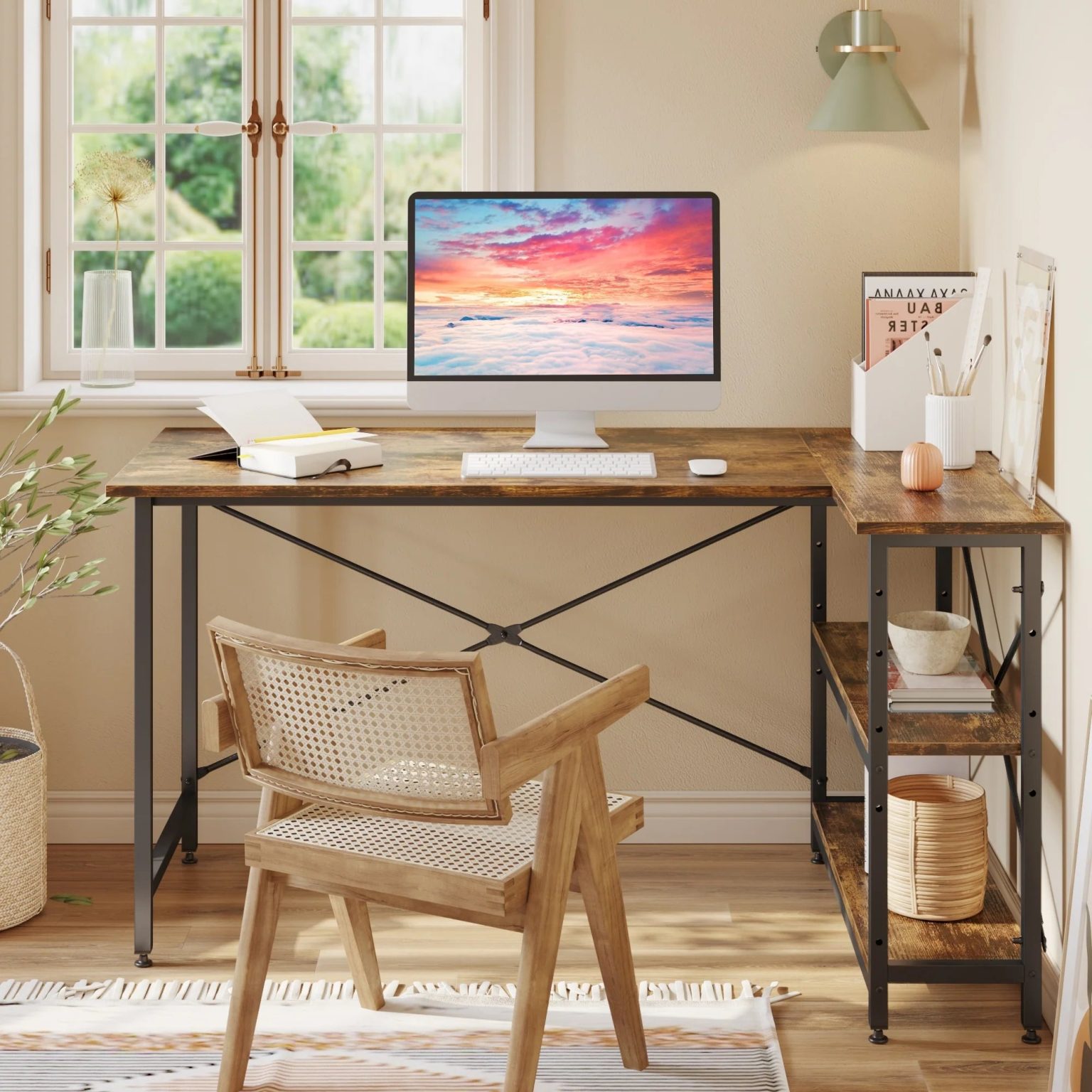 ZenVora Small L Shaped Computer Desk with Storage Shelves, Compact Corner Workstation for Home Office and Study