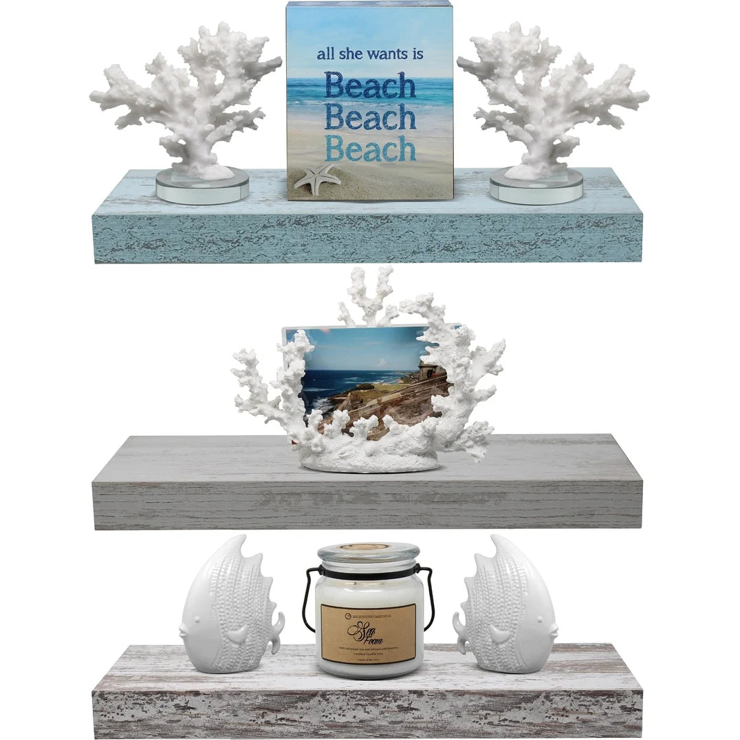 ZenVora 3-Pack Rustic Wood Floating Wall Shelves, Beach Style Hanging Display and Storage Shelves