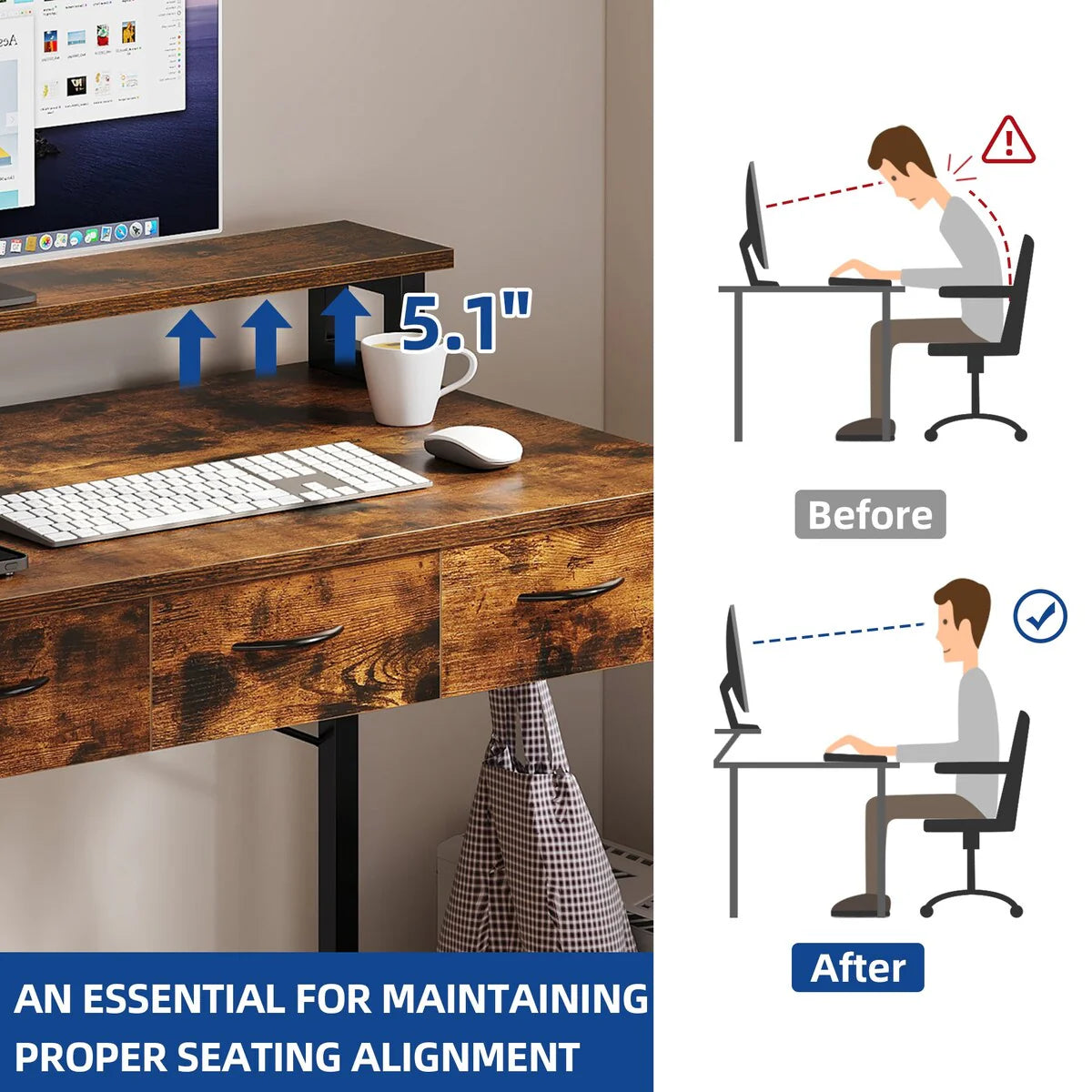 ZenVora Small Computer Desk with Fabric Drawers and Monitor Stand, Compact Home Office Workstation for Small Spaces
