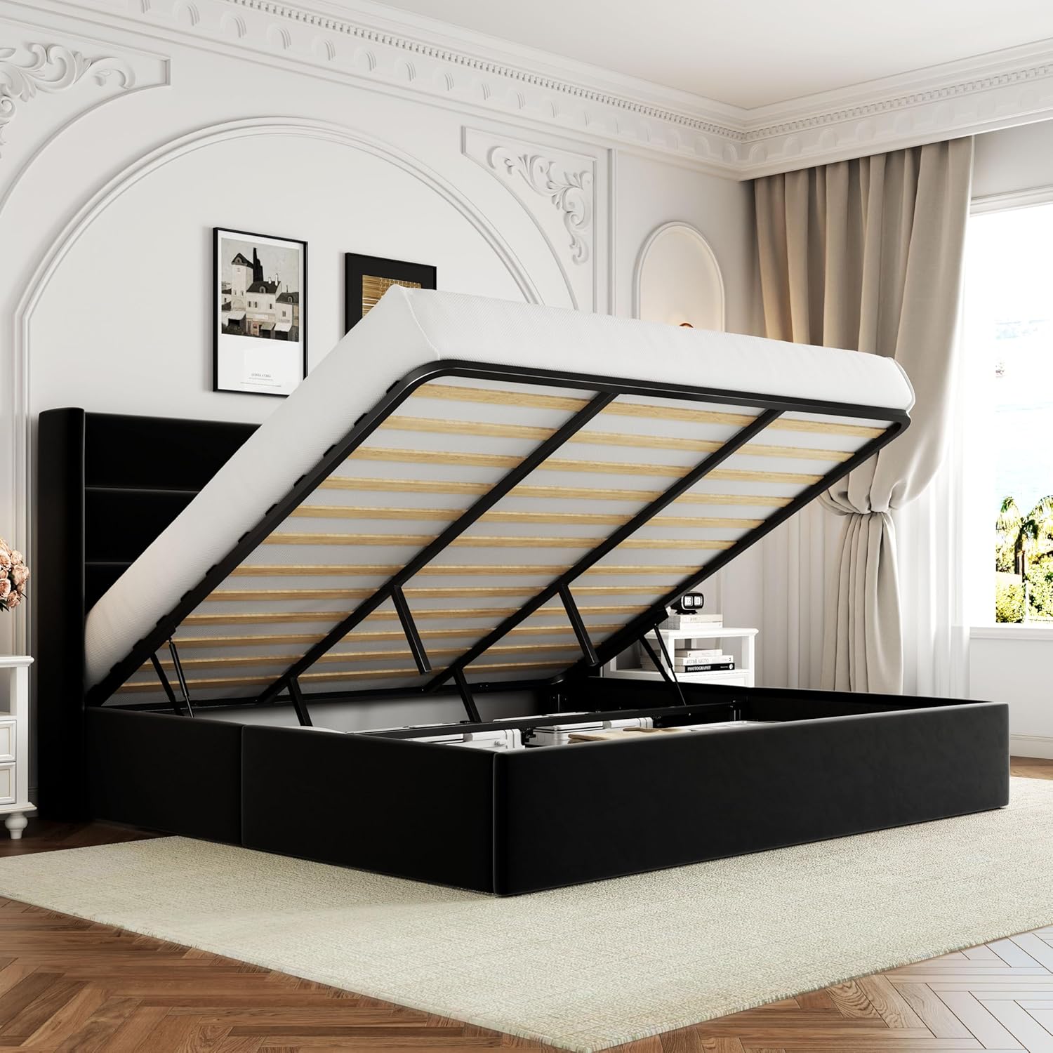 ZenVora Queen Size Lift Up Storage Bed with Wingback Headboard, Upholstered Platform Bed Frame with Hidden Storage