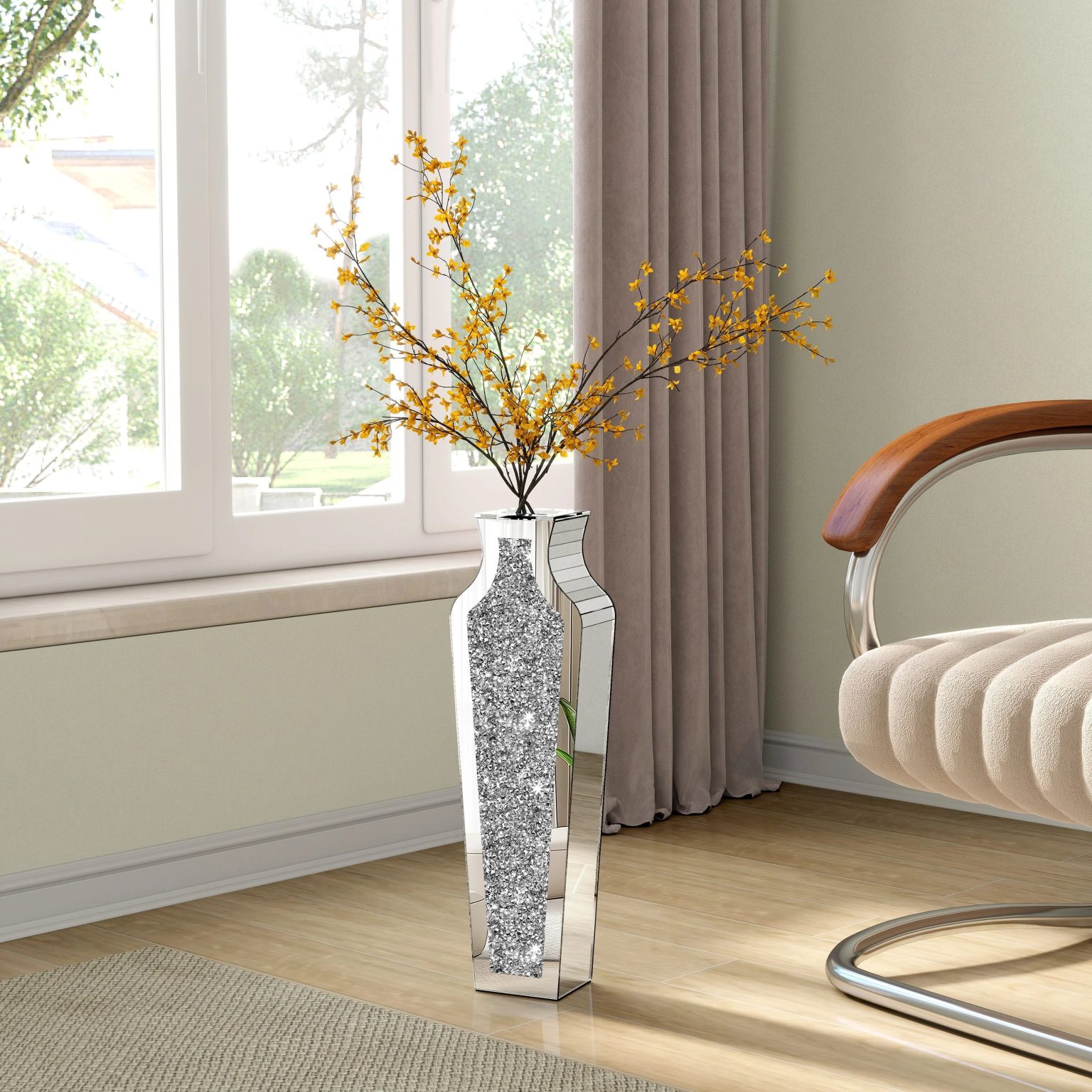 ZenVora Tall Crushed Diamond Floor Vase, Luxury Decorative Crystal Accent Vase for Living Room, Bedroom and Home Decor