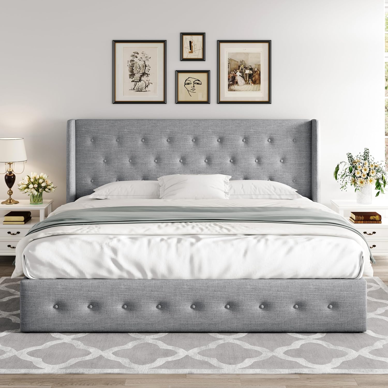 ZenVora Queen Size Lift Up Storage Bed with Wingback Headboard, Upholstered Platform Bed Frame with Hidden Storage