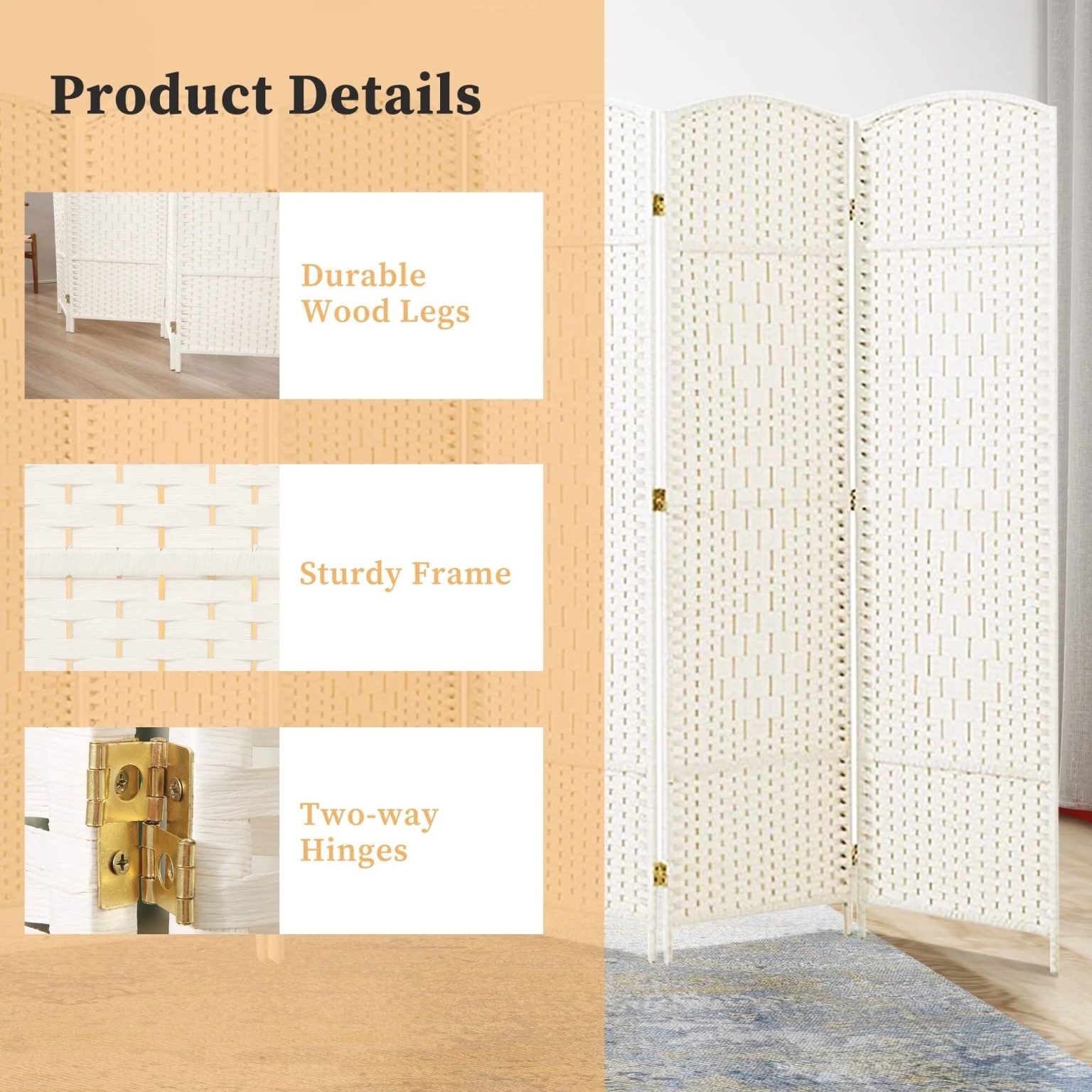 ZenVora 6 FT Tall Woven Fiber Room Divider, Freestanding Folding Privacy Screen