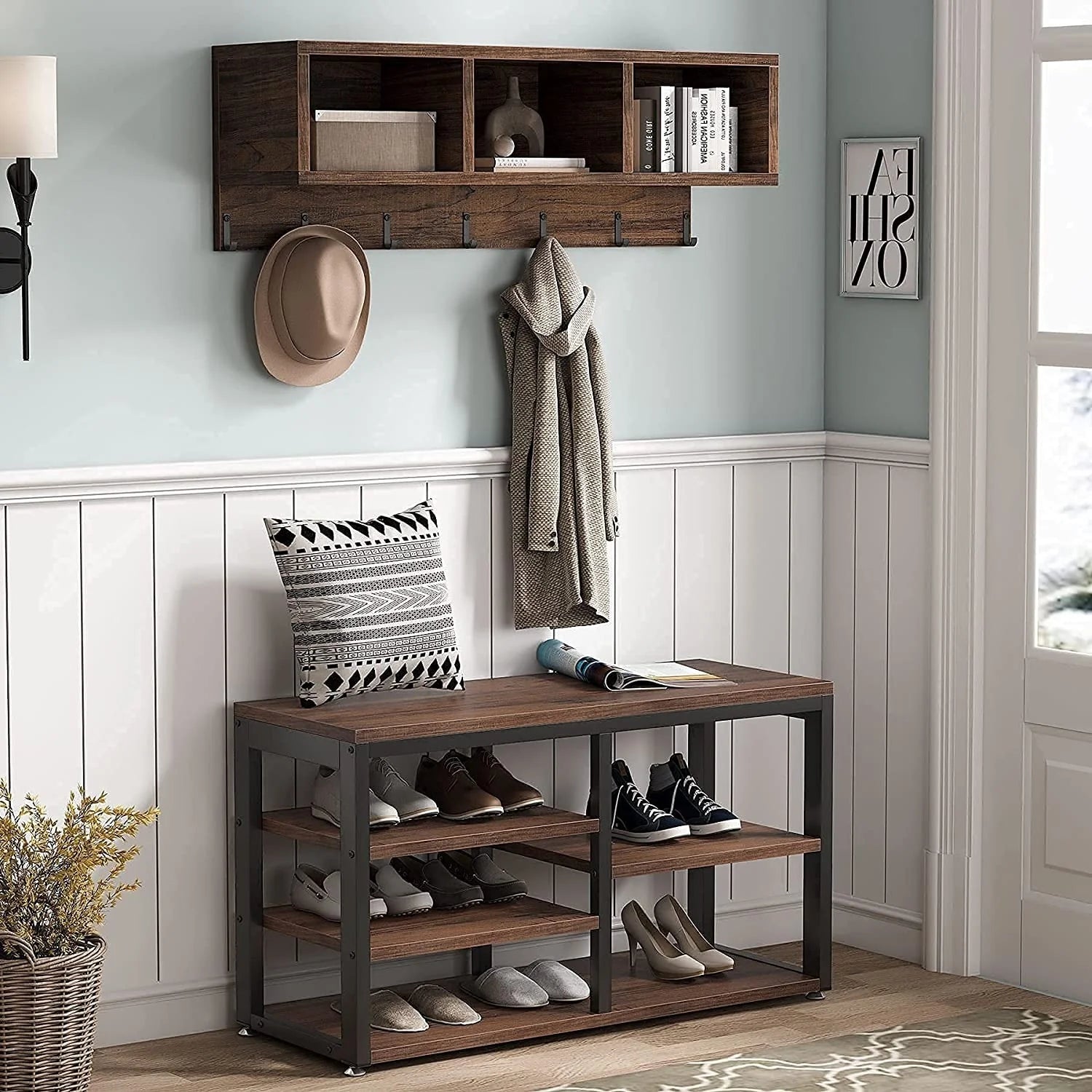 ZenVora Entryway Coat Rack and Shoe Bench Set, Industrial Hall Tree with Coat and Shoe Storage