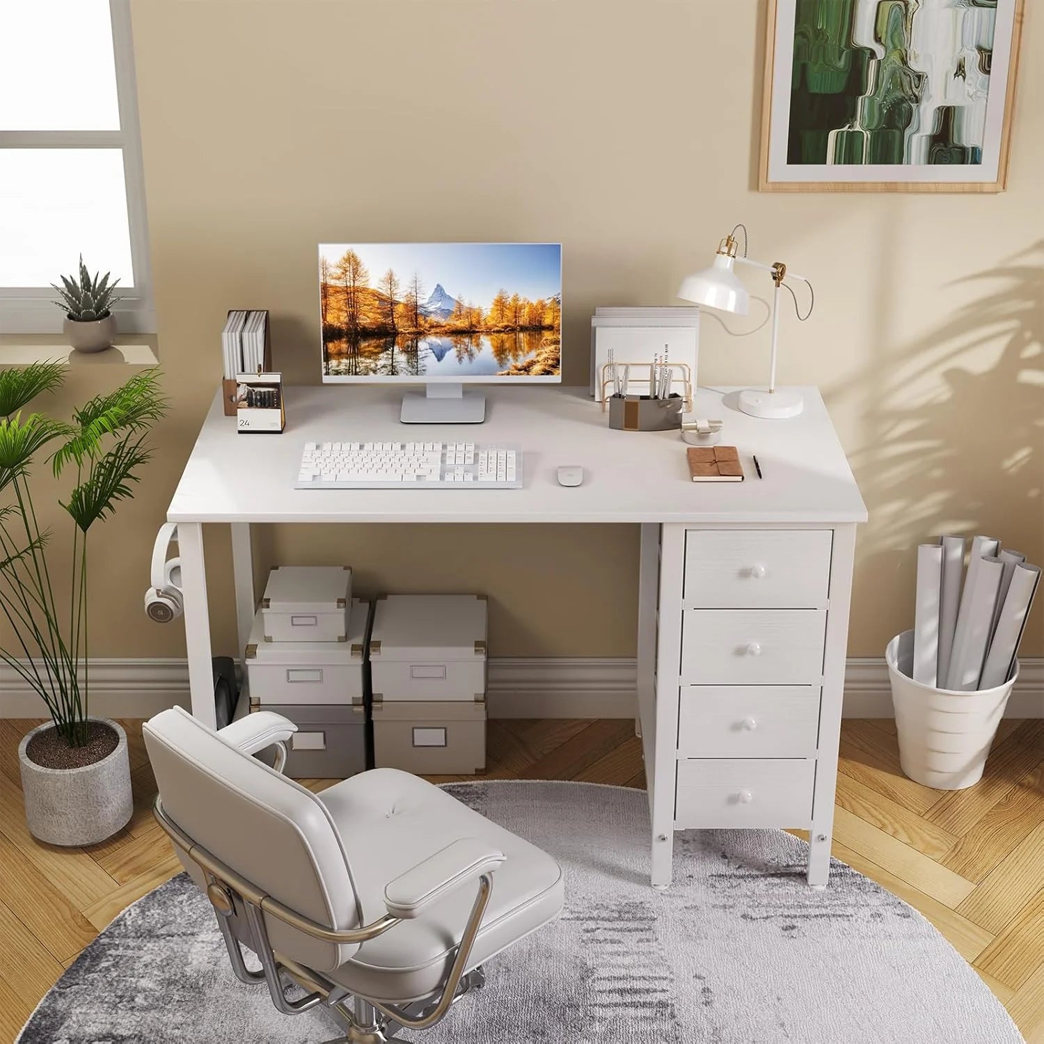 ZenVora 40 Inch Small White Desk with Fabric Drawers, Compact Computer Writing Desk for Home Office, Bedroom and Study