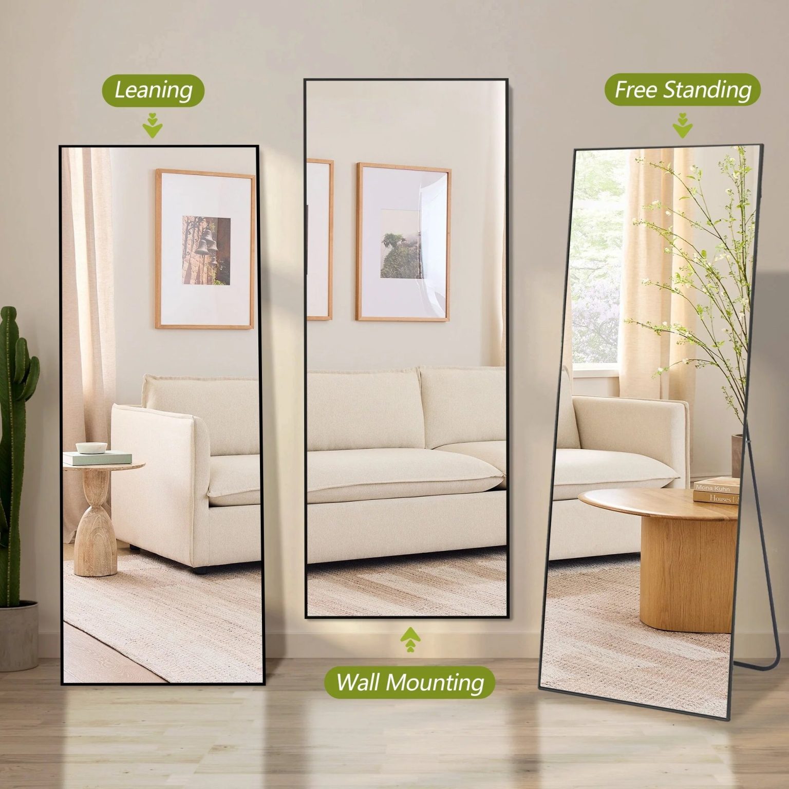 ZenVora 64x21 Full Length Floor Mirror, Large Full Body Aluminum Alloy Frame Standing Mirror with Stand and Wall Mount Option