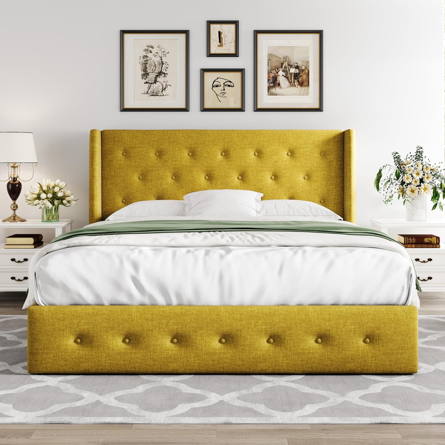 ZenVora Queen Size Lift Up Storage Bed with Wingback Headboard, Upholstered Platform Bed Frame with Hidden Storage