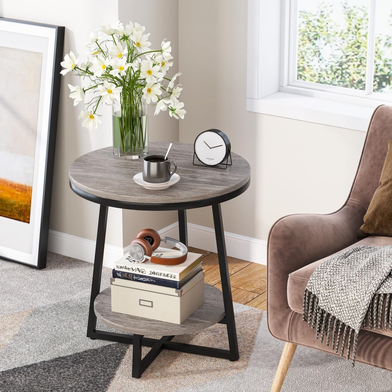 ZenVora Industrial Round End Table, Small Side Table and Accent Coffee Table for Living Room and Bedroom