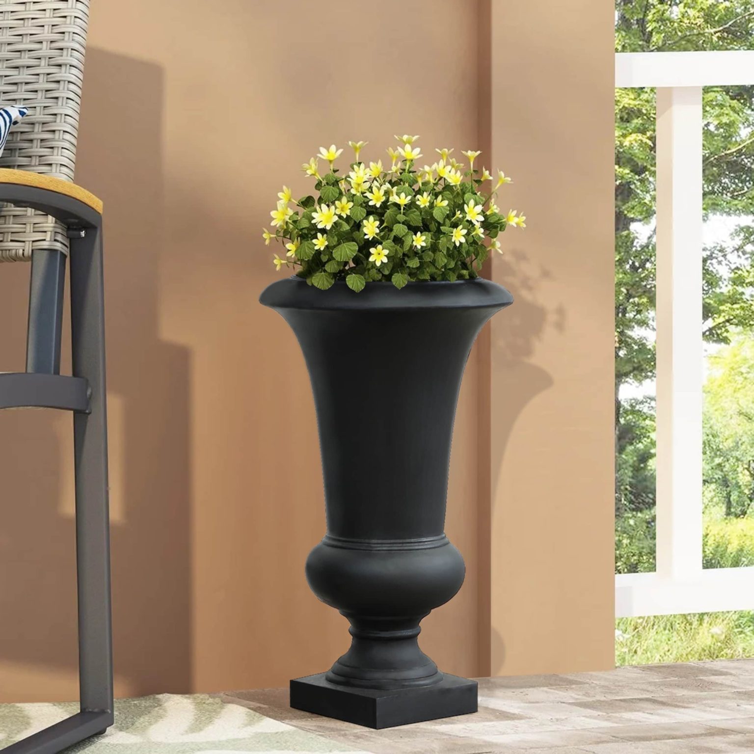ZenVora 22.75" Tall Handmade Fiber Stone Urn Planter Pot, Decorative Outdoor Garden Flower Container for Patio and Home