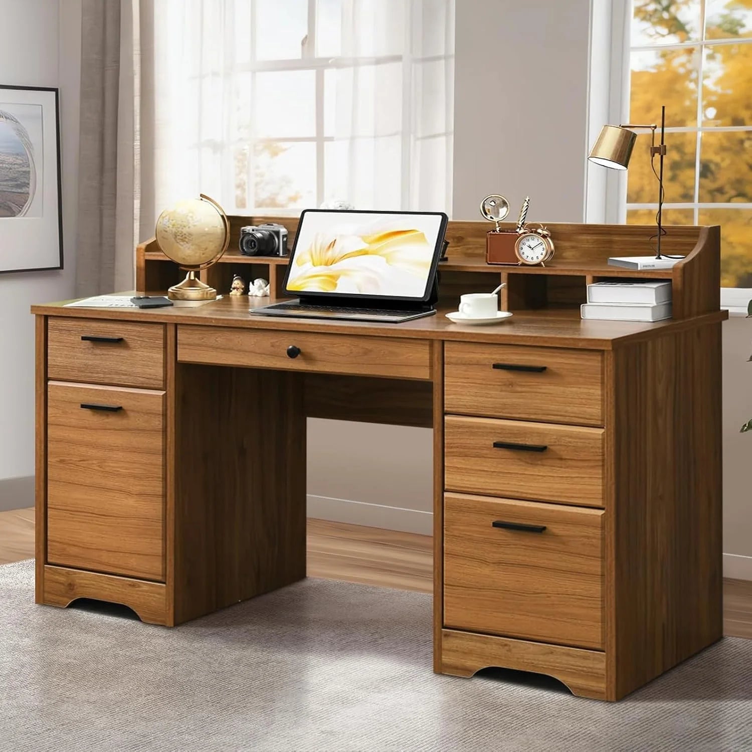 ZenVora 58 Inch Executive Desk with Drawers, Wood Office Desk with Hutch, Storage Cabinet and File Cabinet, Vintage Brown