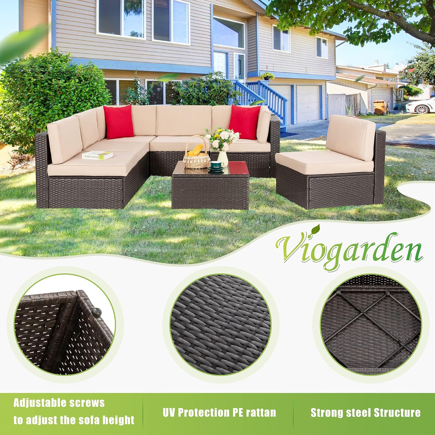 ZenVora 5-Piece All-Weather Patio Furniture Set with Ottoman, Outdoor Wicker Conversation Sofa Set with Cushions for Garden, Deck & Backyard