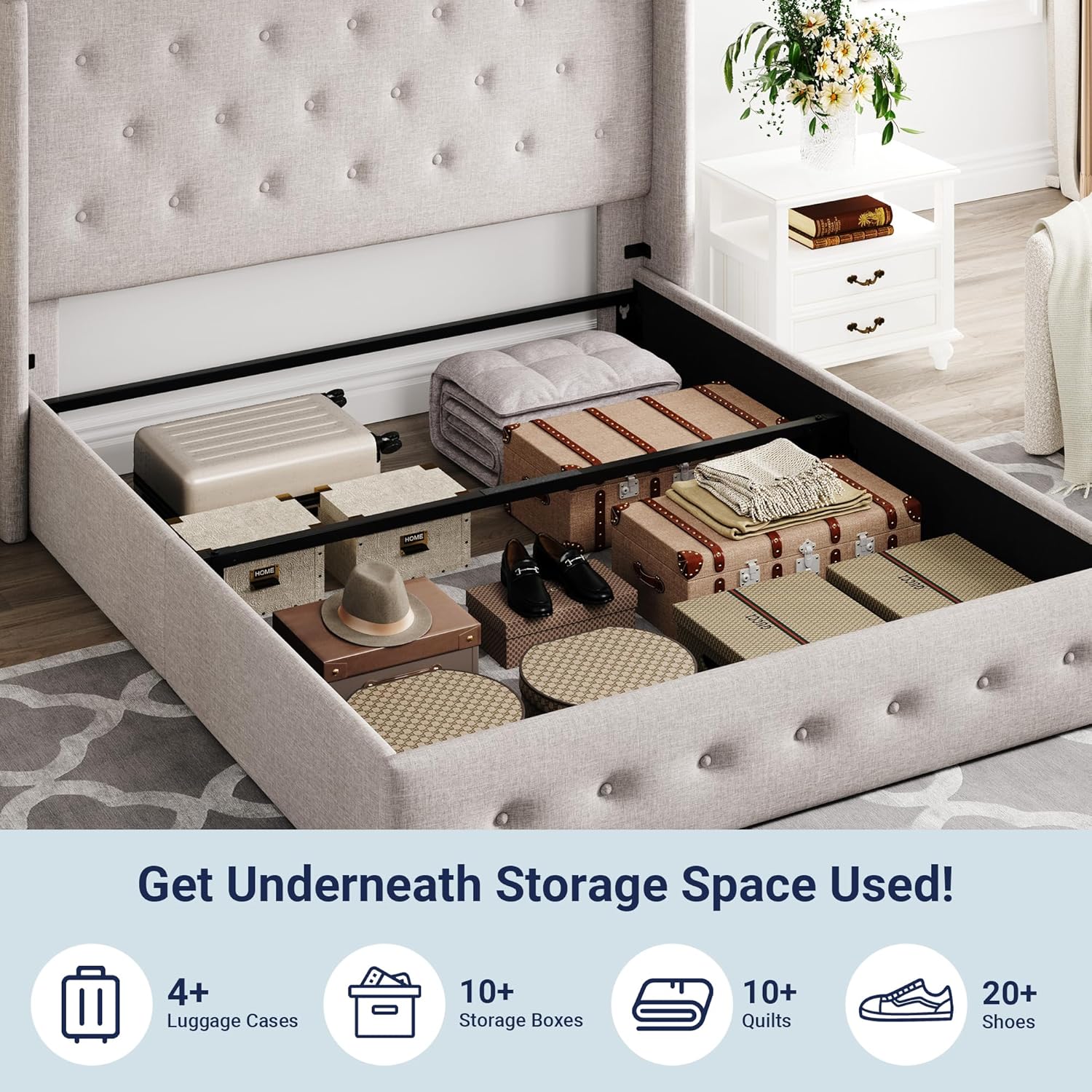 ZenVora Queen Size Lift Up Storage Bed with Wingback Headboard, Upholstered Platform Bed Frame with Hidden Storage