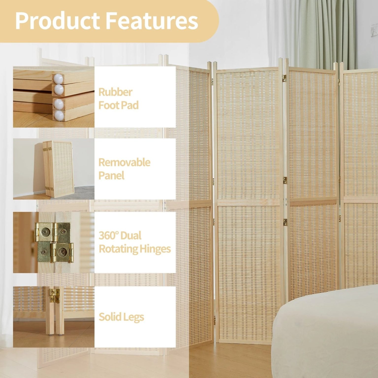 ZenVora 4-Panel Bamboo Folding Partition Screen 6FT Detachable Room Divider