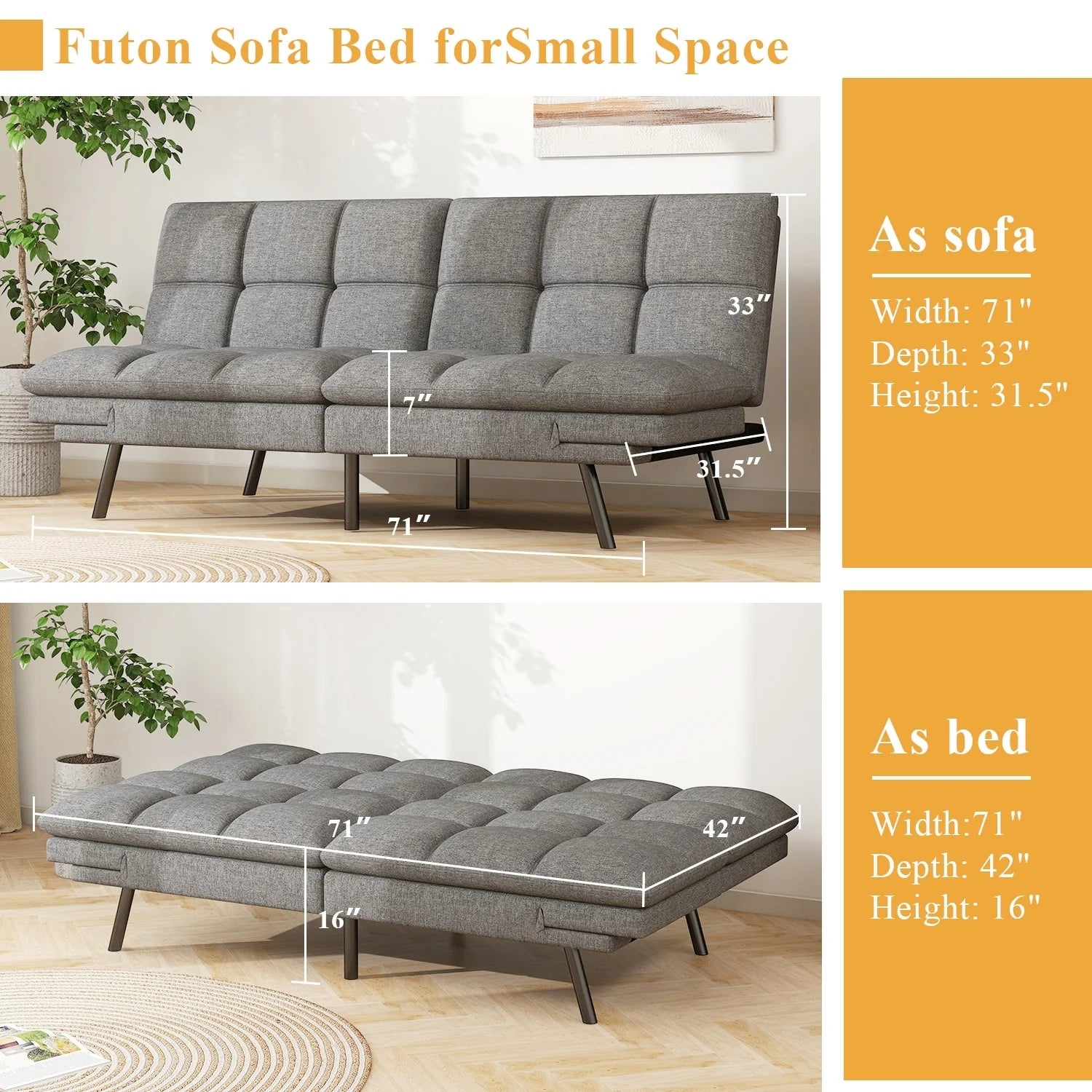 ZenVora Convertible Futon Sofa Bed with Memory Foam, Foldable Loveseat Sleeper with Adjustable Armrests