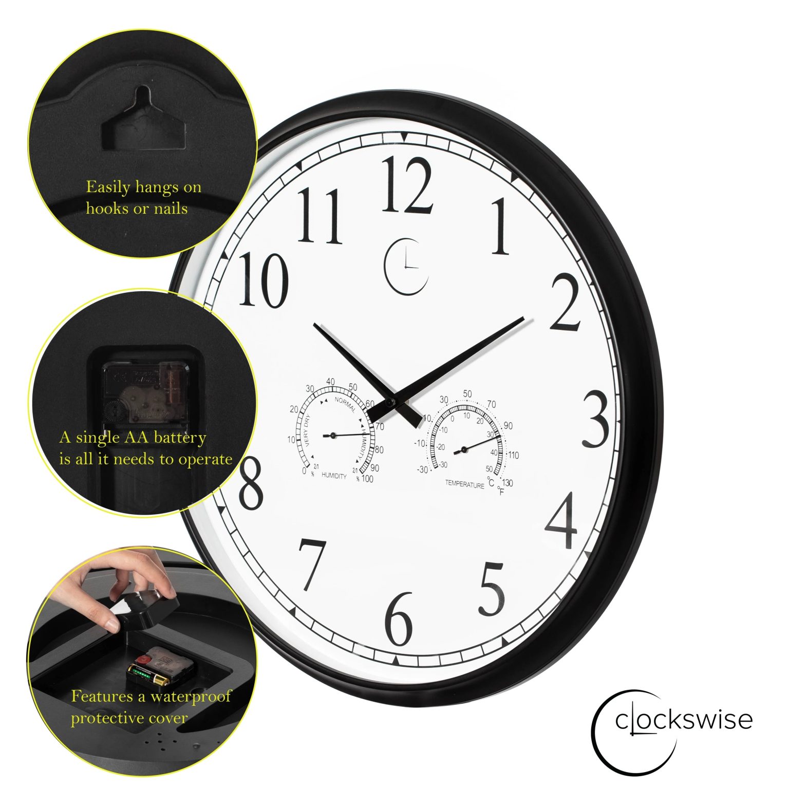 Large Outdoor Wall Clock with Thermometer, Waterproof Silent Garden Weather Station, Black
