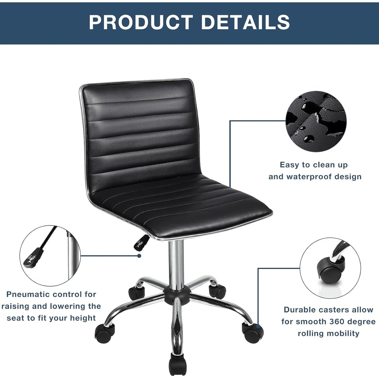 ZenVora Adjustable Mid-Back Armless Swivel Office Chair, Ribbed Task and Vanity Chair for Small Spaces