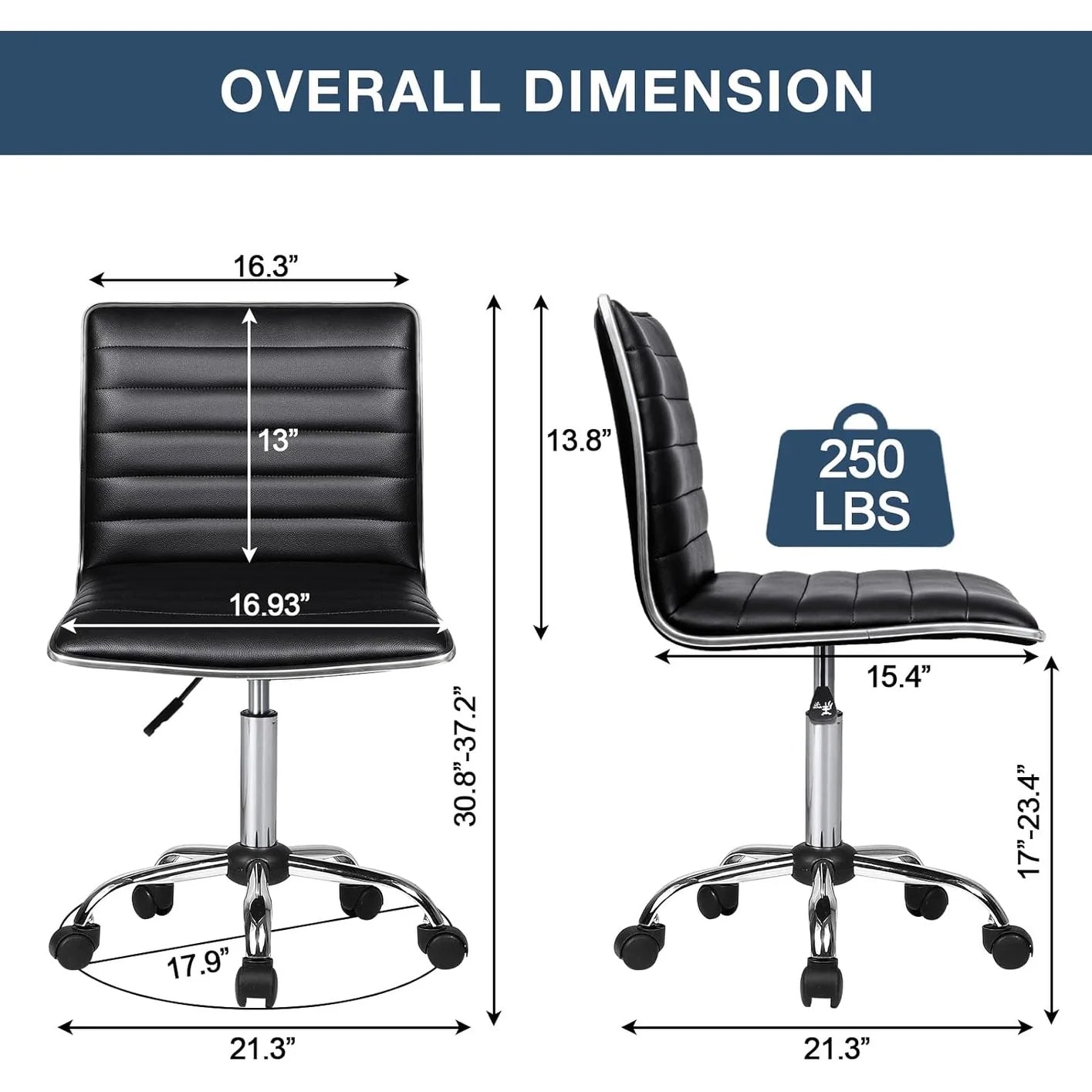 ZenVora Adjustable Mid-Back Armless Swivel Office Chair, Ribbed Task and Vanity Chair for Small Spaces