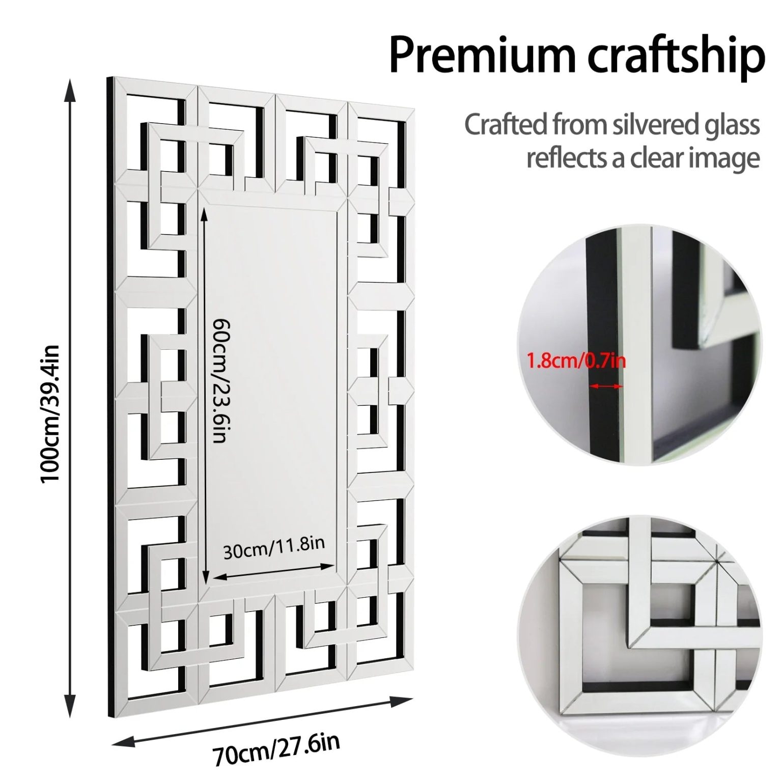 ZenVora Large Silver Geometric Wall Mirror, Modern Decorative Accent Mirror for Living Room, Bedroom and Entryway