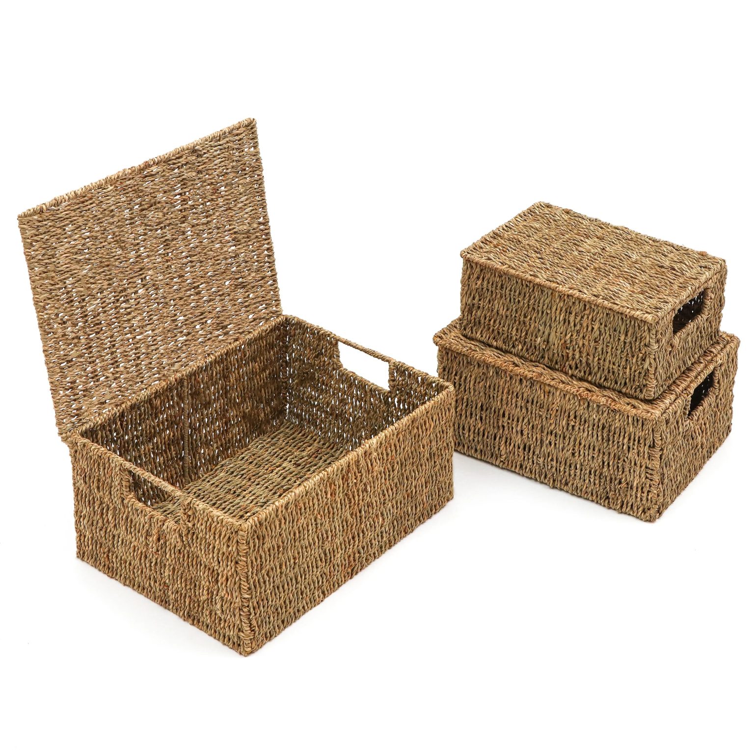 ZenVora Set of 3 Small Rectangular Seagrass Baskets with Lids, Woven Storage Baskets