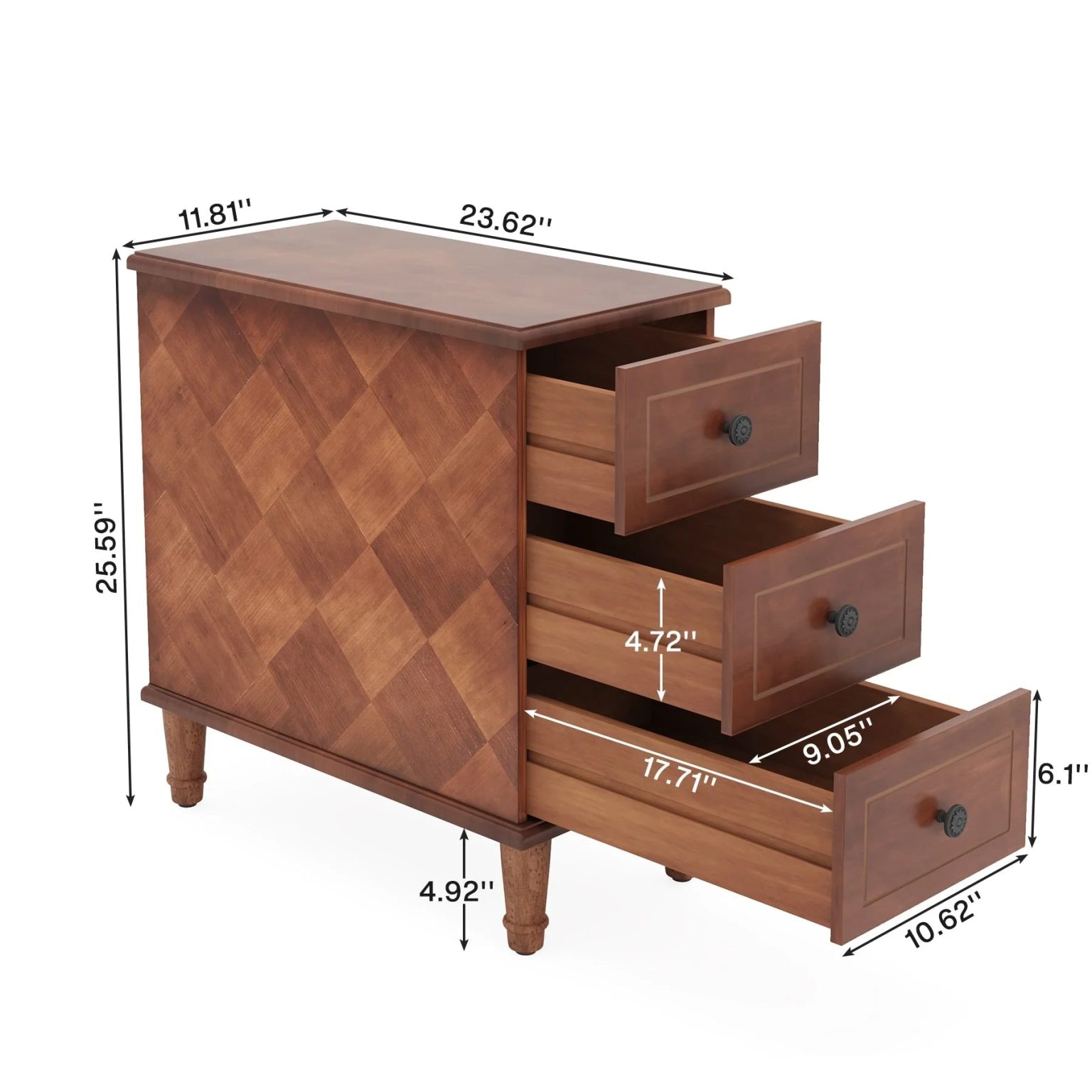 ZenVora Fully Assembled Narrow End Table, Solid Wood Side Table with 3 Drawers, Vintage Nightstand for Small Spaces
