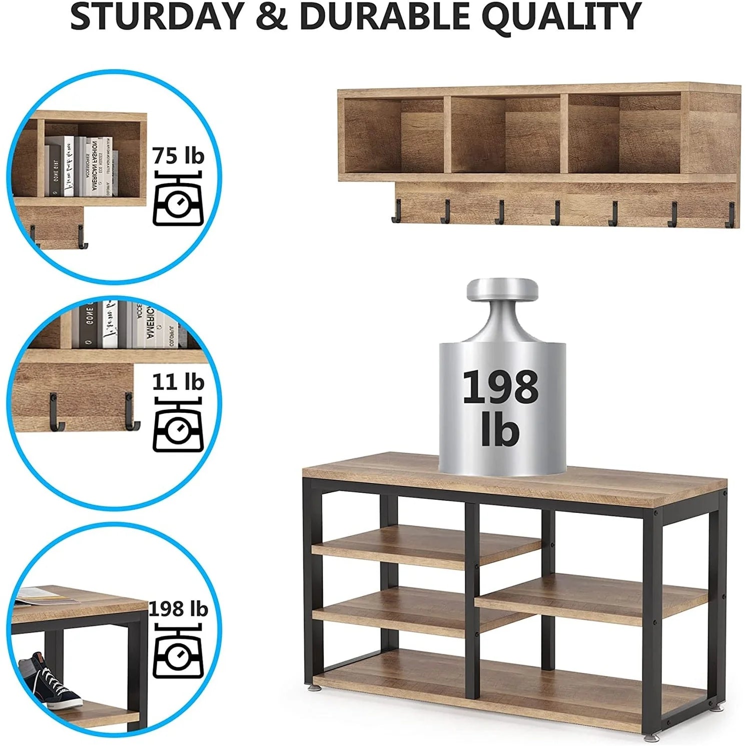 ZenVora Entryway Coat Rack and Shoe Bench Set, Industrial Hall Tree with Coat and Shoe Storage