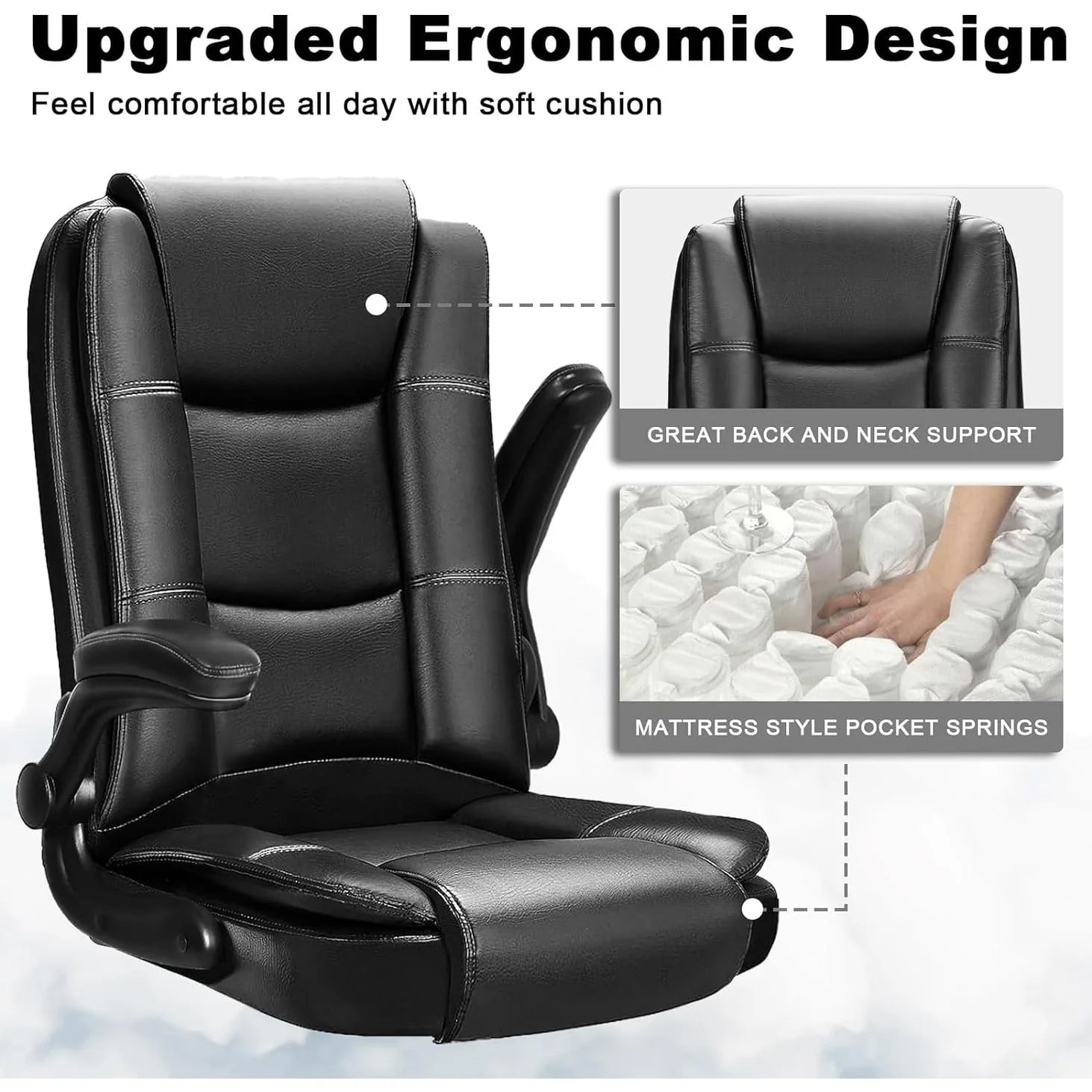 ZenVora Big and Tall Ergonomic Office Chair, High Back Leather Executive Computer Chair with Padded Flip-Up Arms