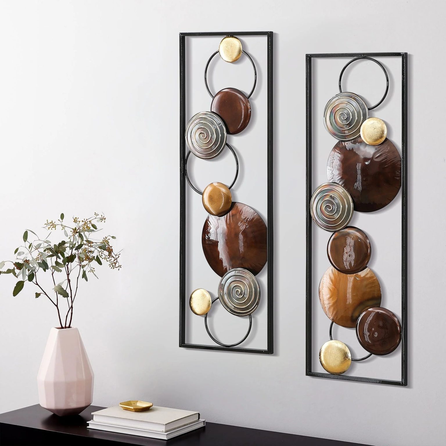 ZenVora Set of 2 Modern Gold and Brown Metal Wall Decor, Abstract Decorative Wall Art for Living Room, Bedroom and Home Decoration