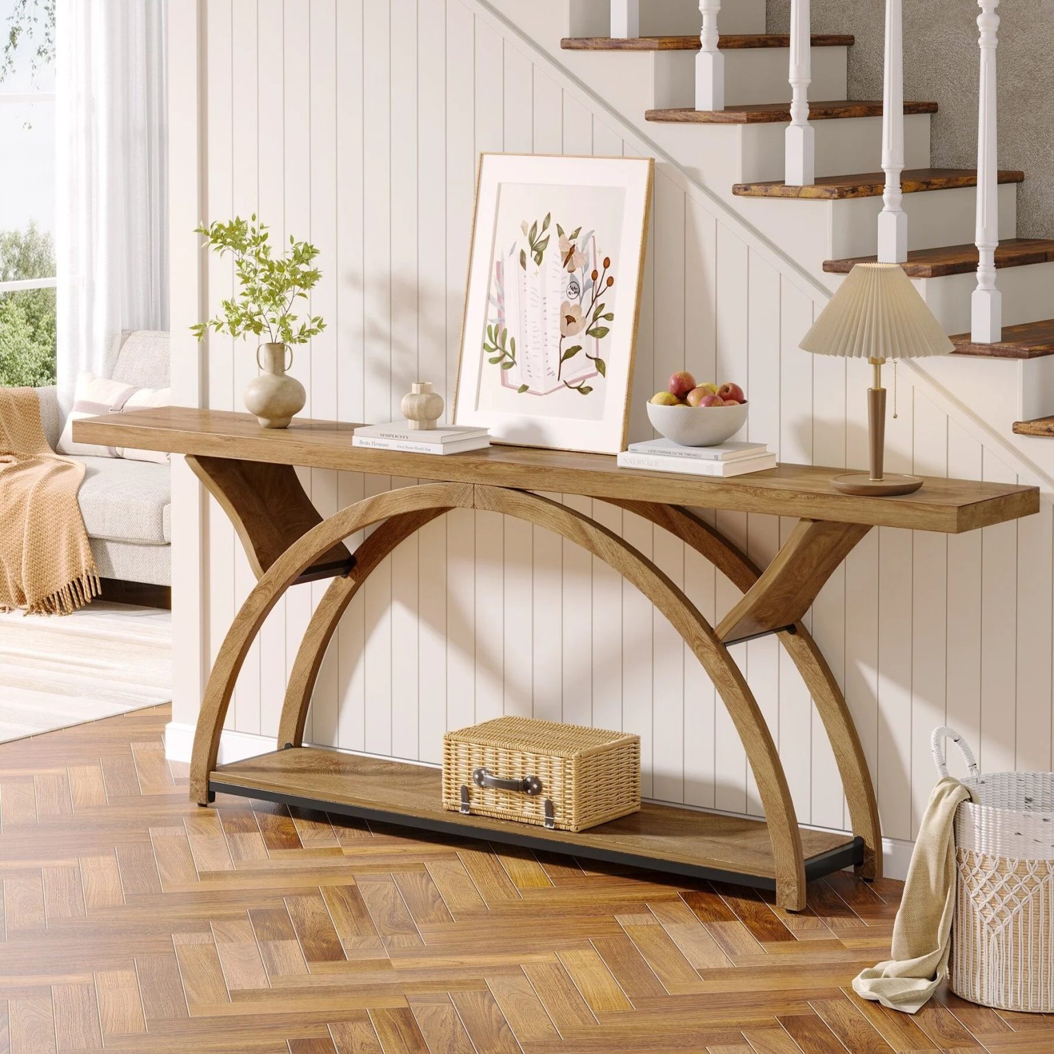ZenVora Gray 2-Tier Slim Console Sofa Table, Semi-Circular Metal Frame for Hallway