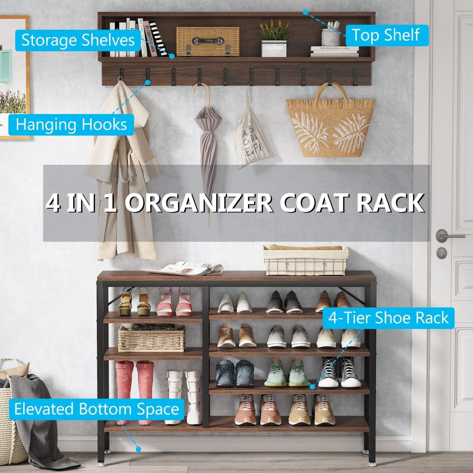 ZenVora Entryway Coat Rack and Shoe Bench Set, Industrial Hall Tree with Coat and Shoe Storage