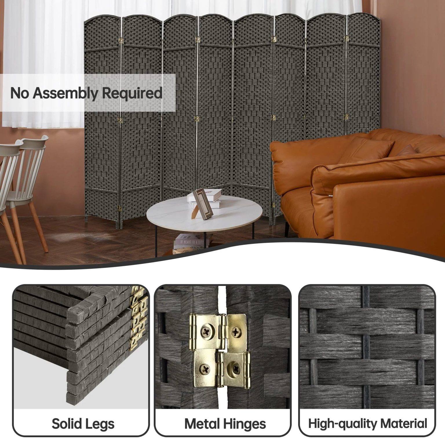 ZenVora 6 FT Tall Woven Fiber Room Divider, Freestanding Folding Privacy Screen