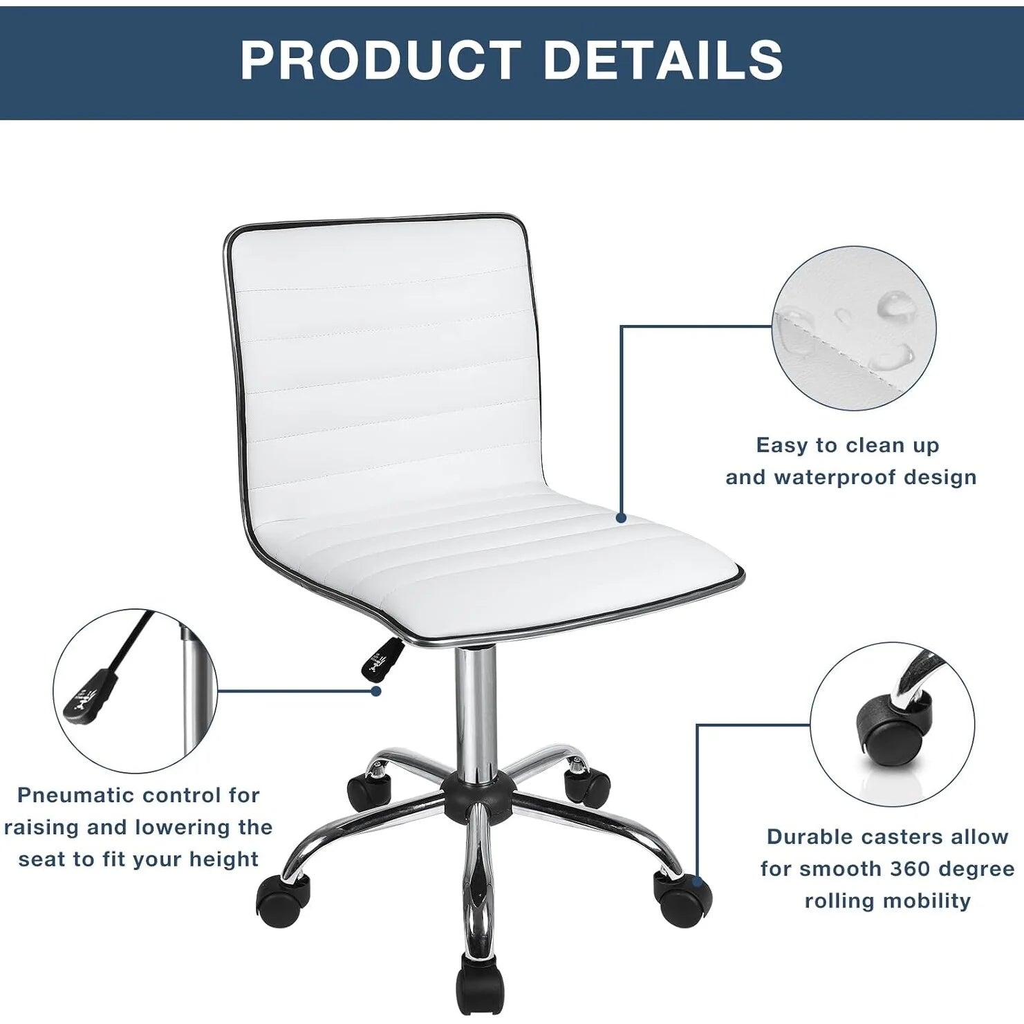 ZenVora Adjustable Mid-Back Armless Swivel Office Chair, Ribbed Task and Vanity Chair for Small Spaces